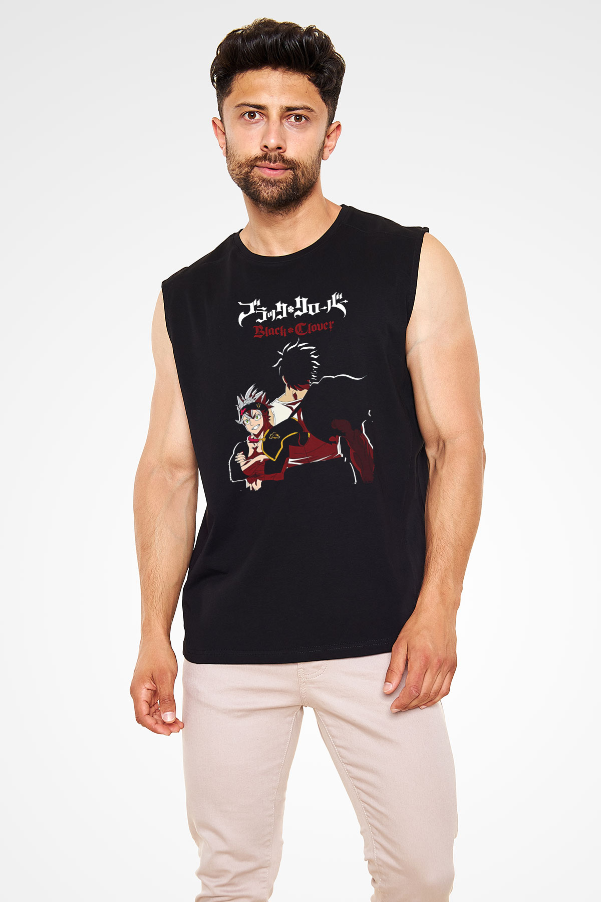Black Clover Baskılı Unisex Siyah Kolsuz Tişört - Tshirt