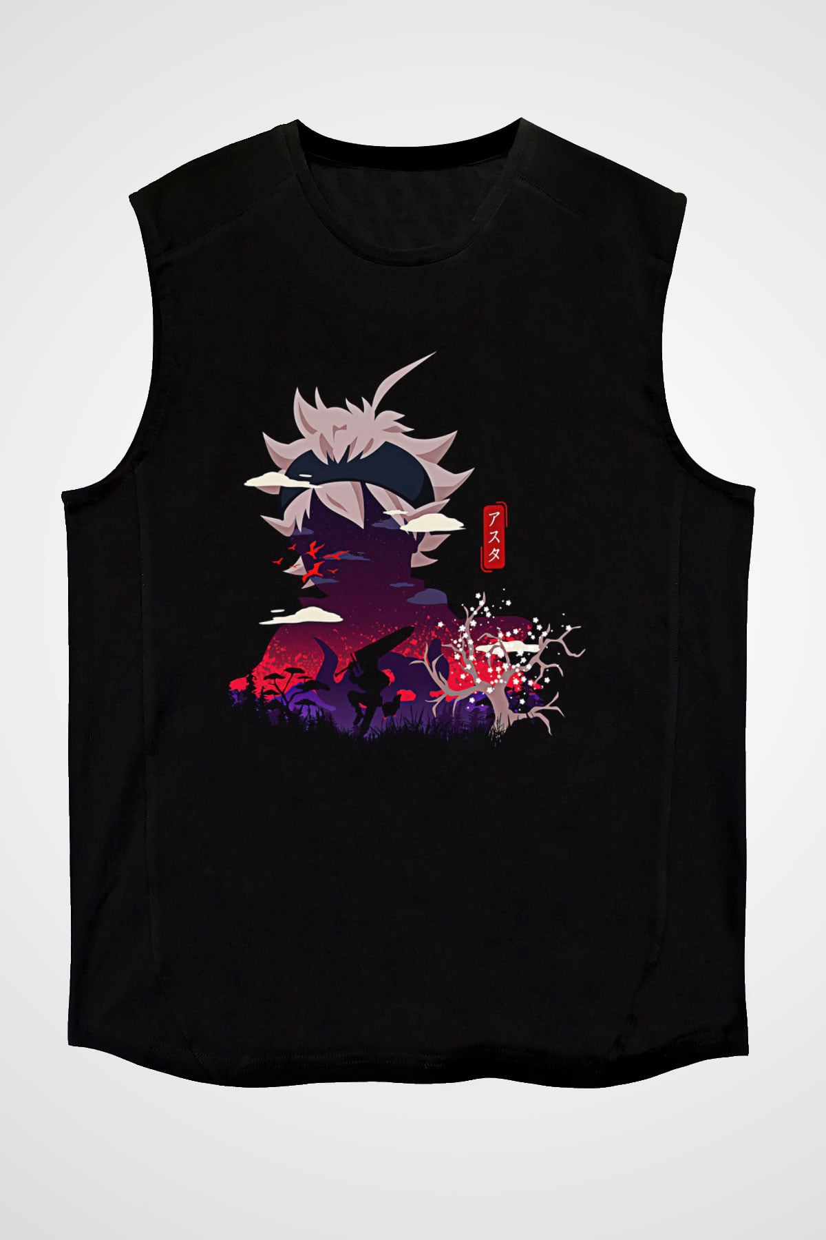 Black Clover Baskılı Unisex Siyah Kolsuz Tişört - Tshirt