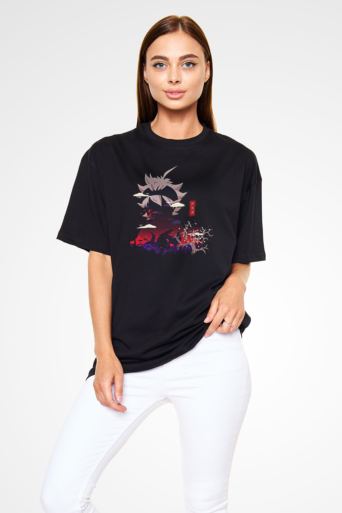 Black Clover Baskılı Unisex Siyah Oversize Tişört - Tshirt