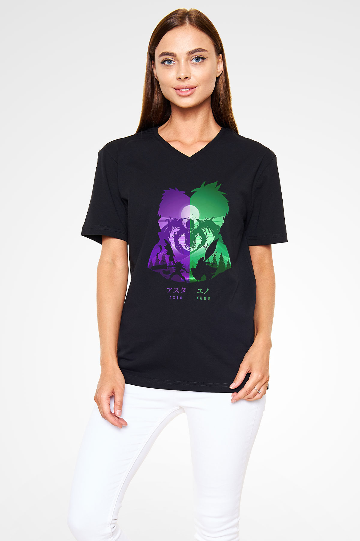 Black Clover Baskılı Unisex Siyah V Yaka Tişört - Tshirt