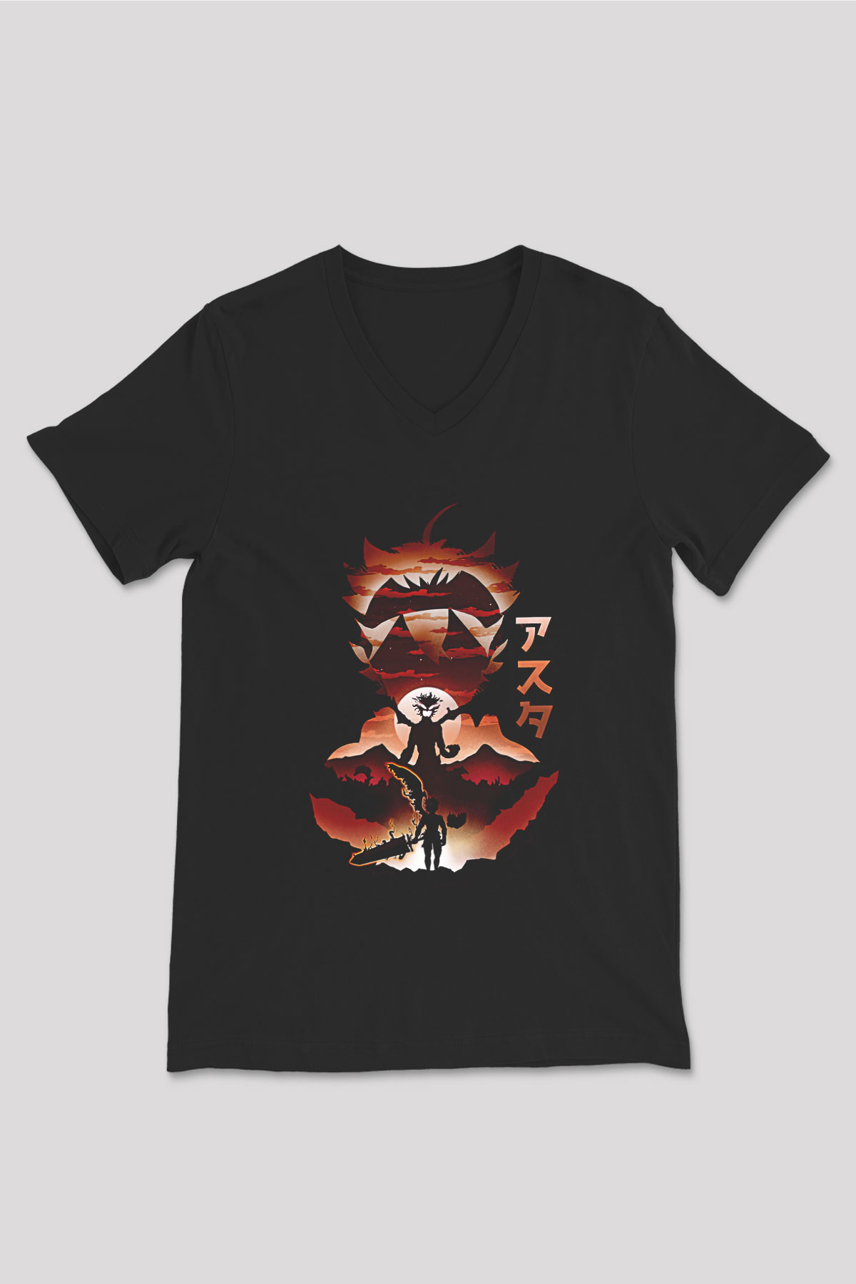 Black Clover Baskılı Unisex Siyah V Yaka Tişört - Tshirt
