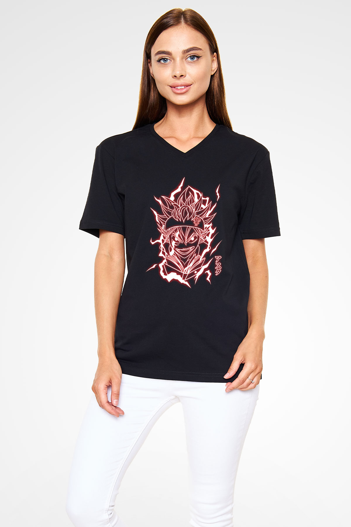 Black Clover Baskılı Unisex Siyah V Yaka Tişört - Tshirt