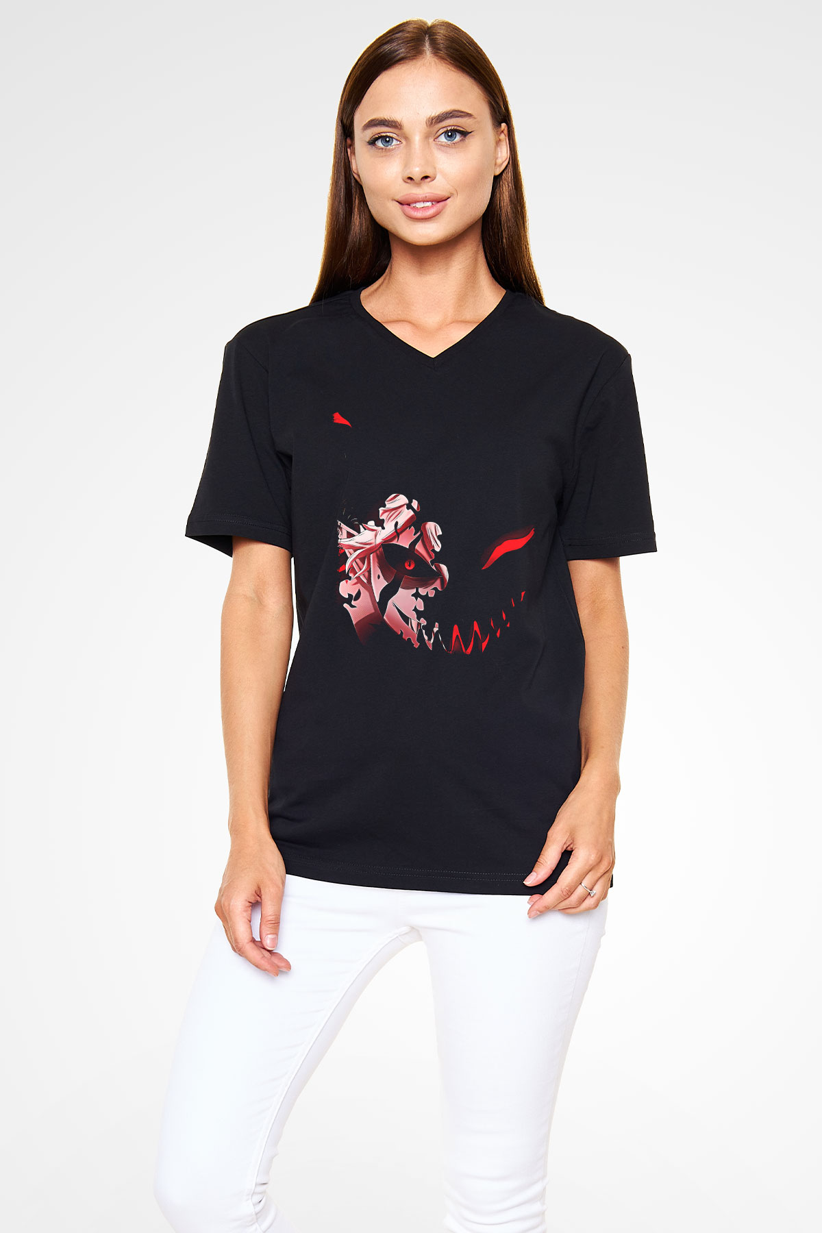Black Clover Baskılı Unisex Siyah V Yaka Tişört - Tshirt