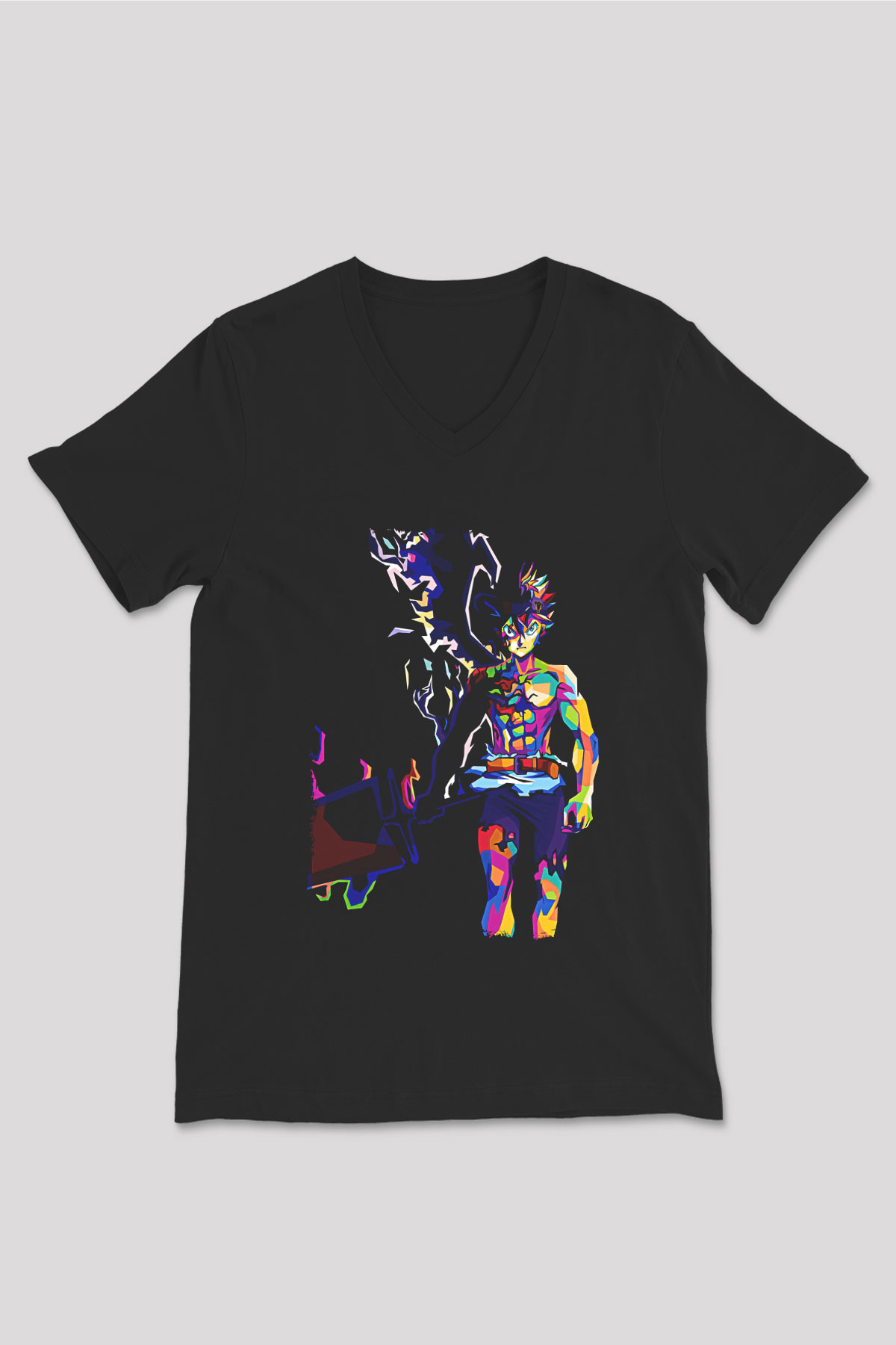 Black Clover Baskılı Unisex Siyah V Yaka Tişört - Tshirt