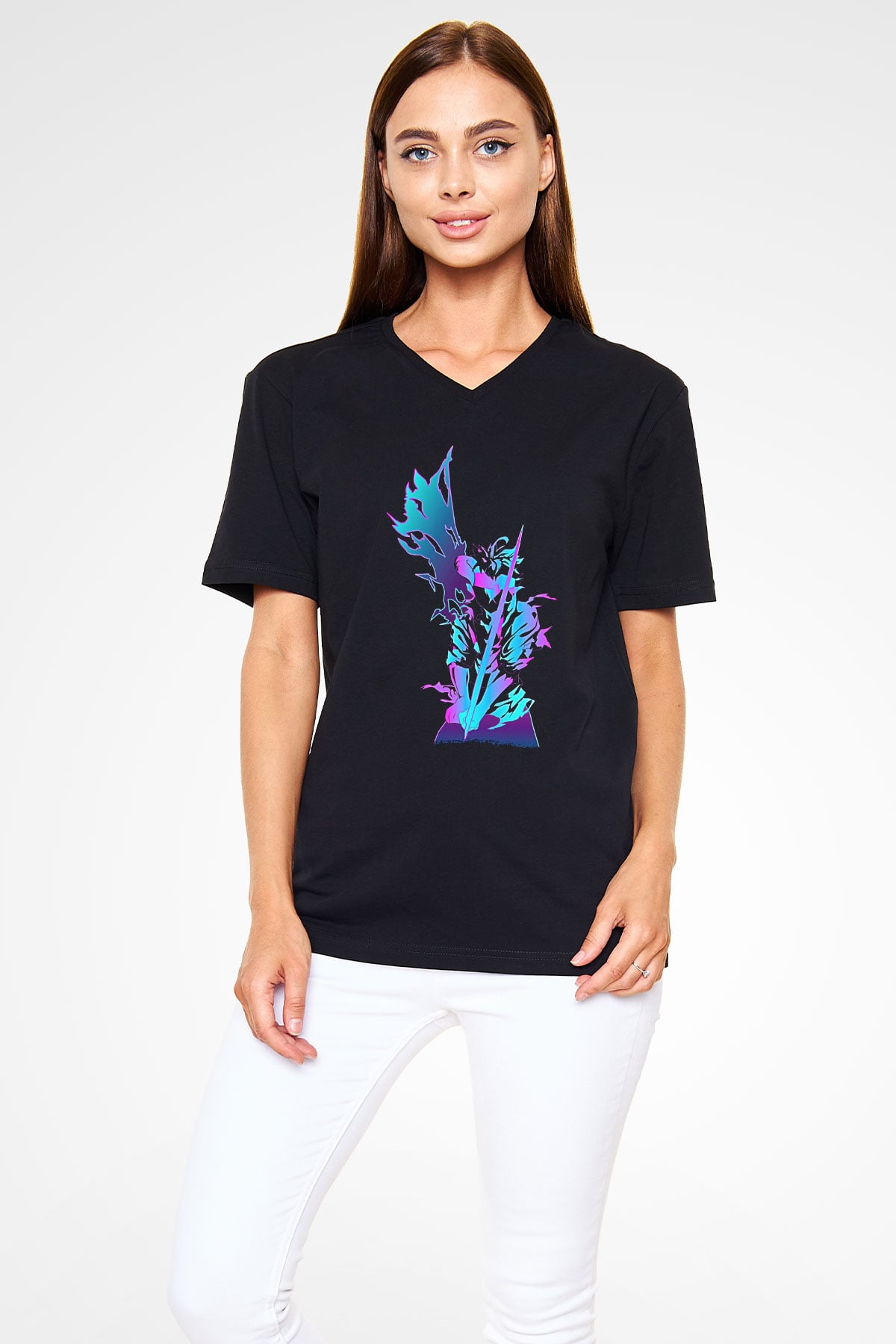Black Clover Baskılı Unisex Siyah V Yaka Tişört - Tshirt