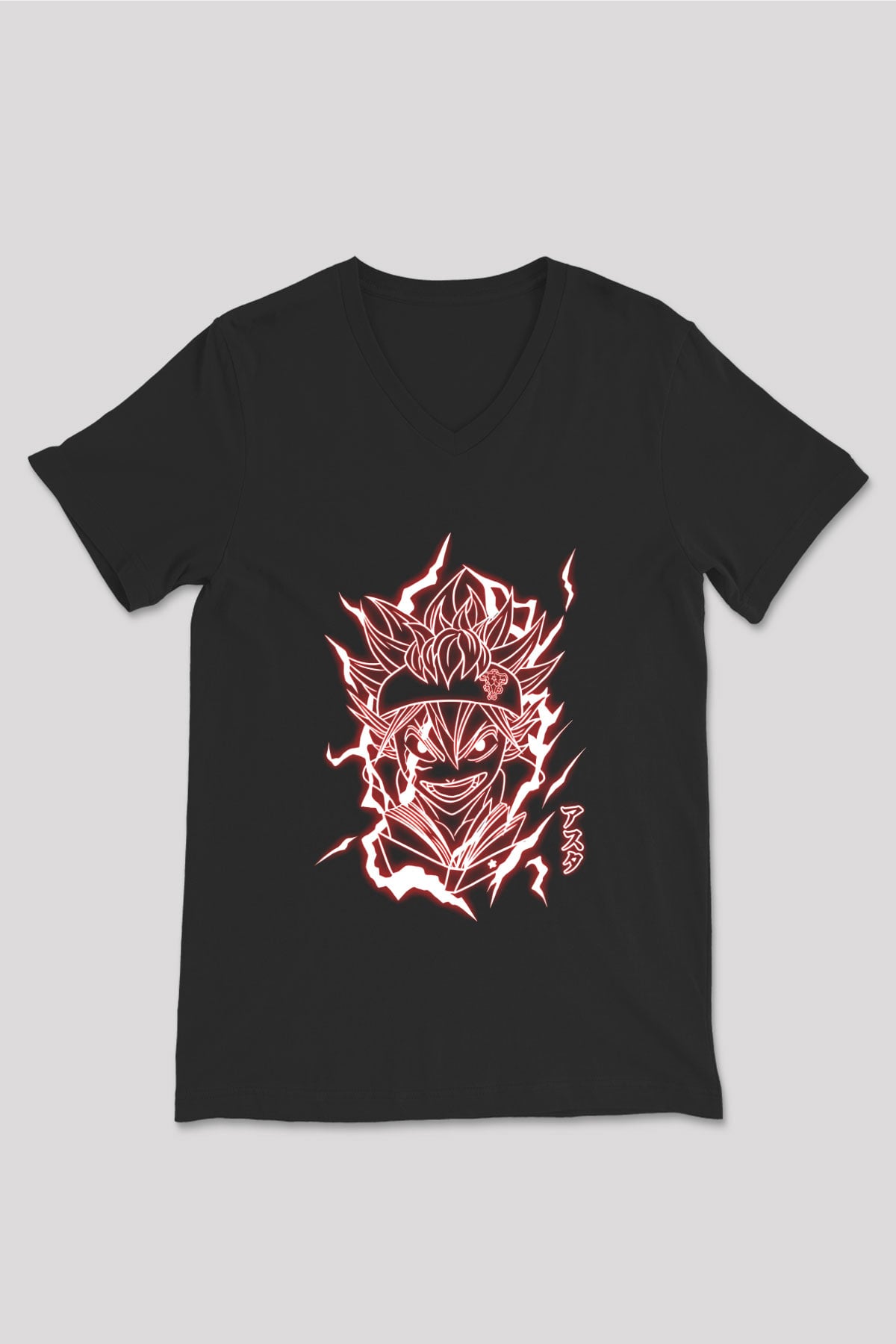 Black Clover Baskılı Unisex Siyah V Yaka Tişört - Tshirt