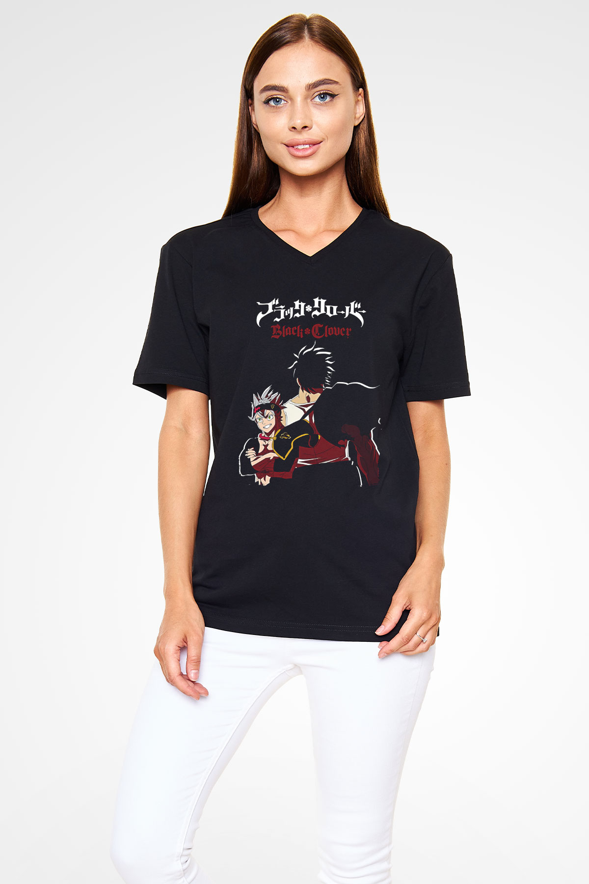 Black Clover Baskılı Unisex Siyah V Yaka Tişört - Tshirt