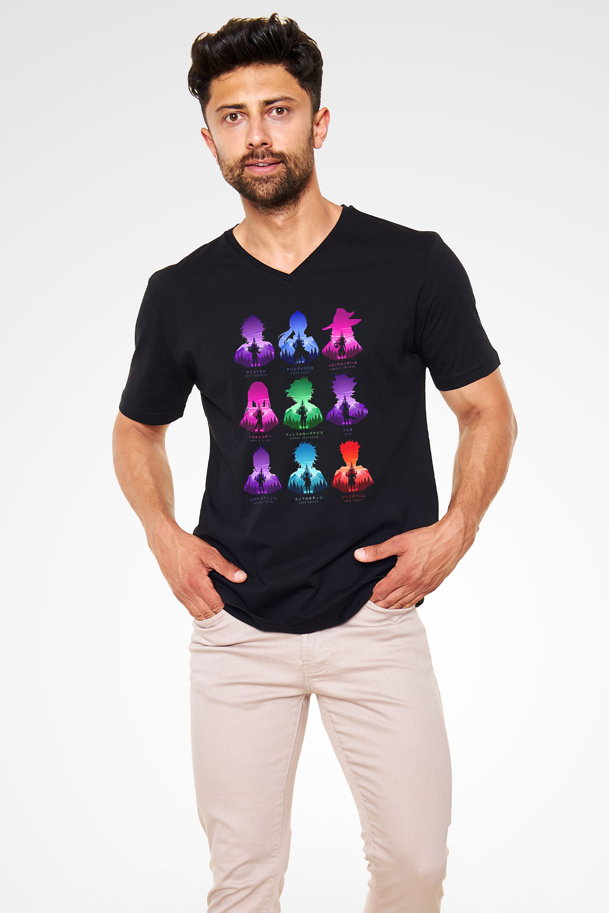 Black Clover Baskılı Unisex Siyah V Yaka Tişört - Tshirt