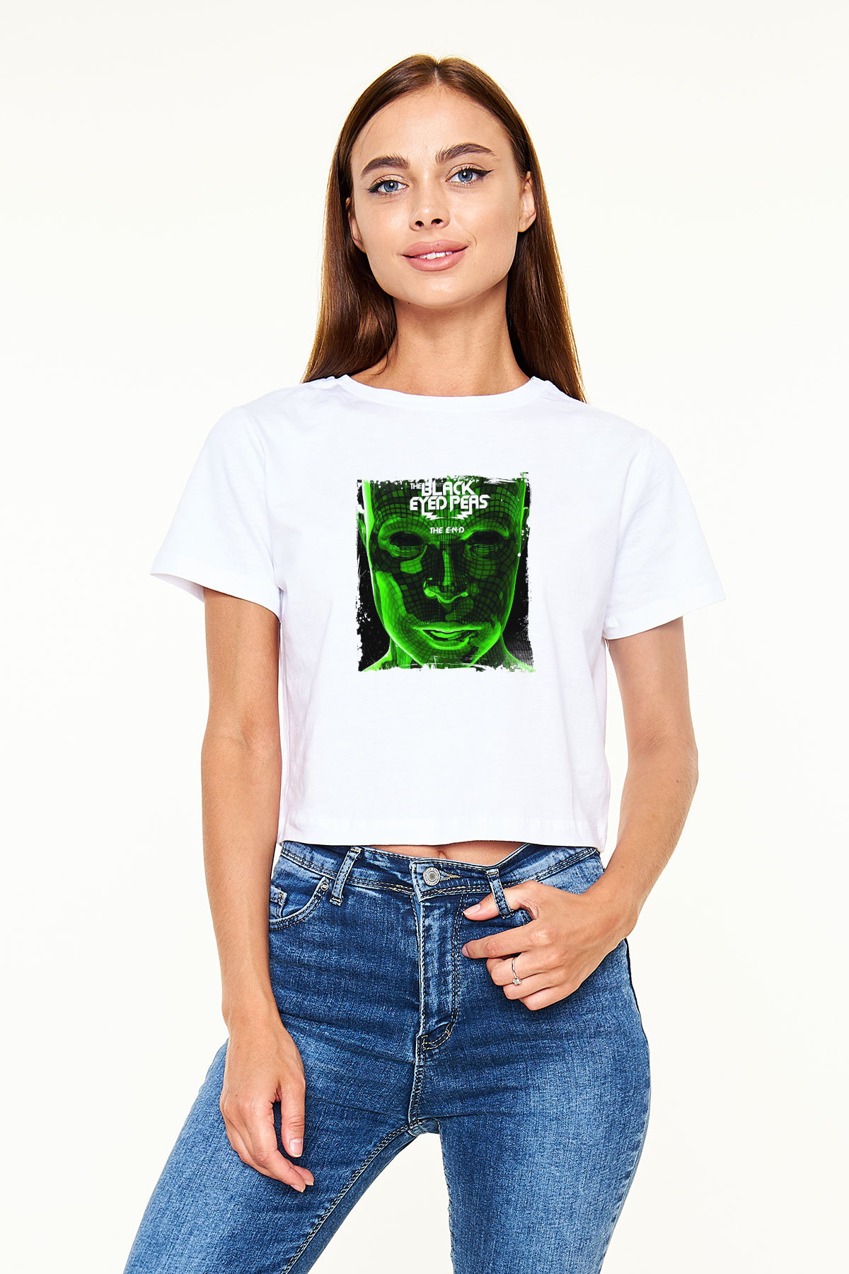 Black Eyed Peas Baskılı Beyaz Kadın Crop Top Tişört