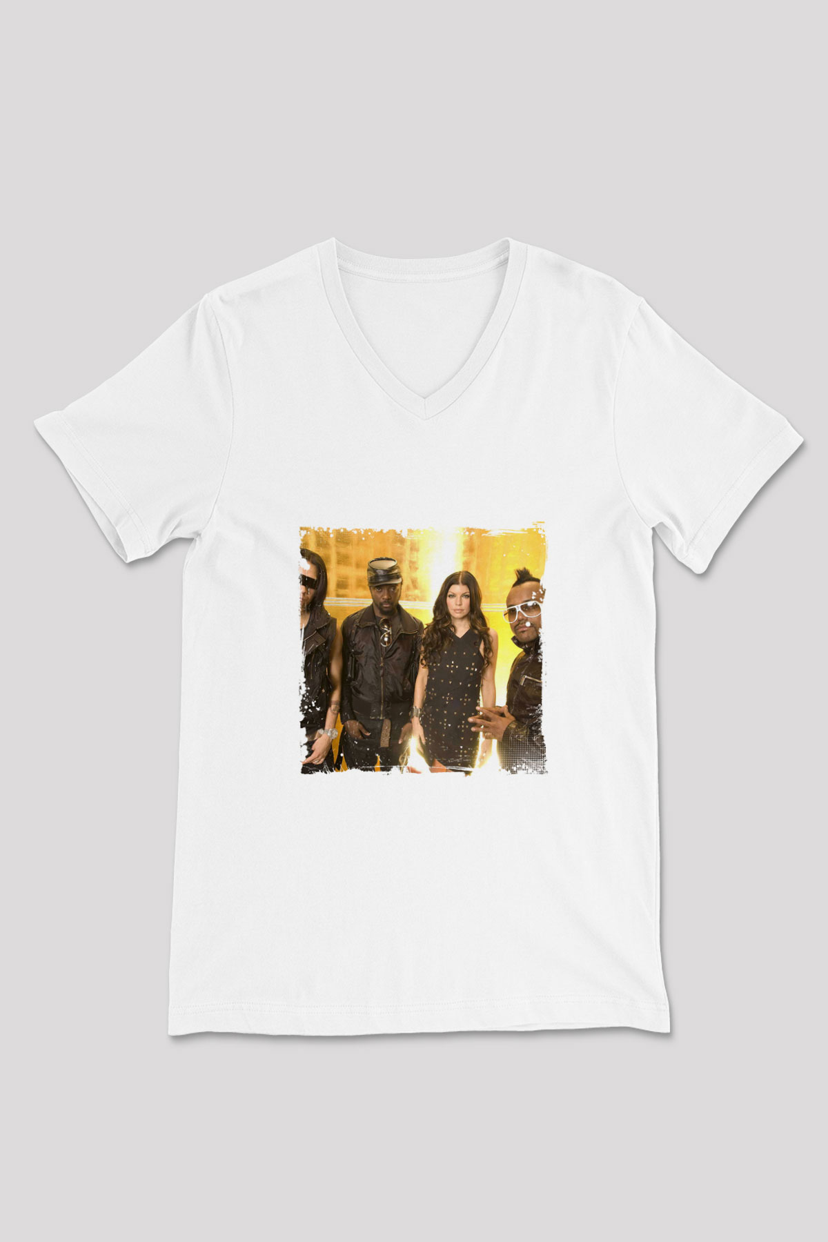 Black Eyed Peas Baskılı Beyaz V Yaka Unisex Tişört