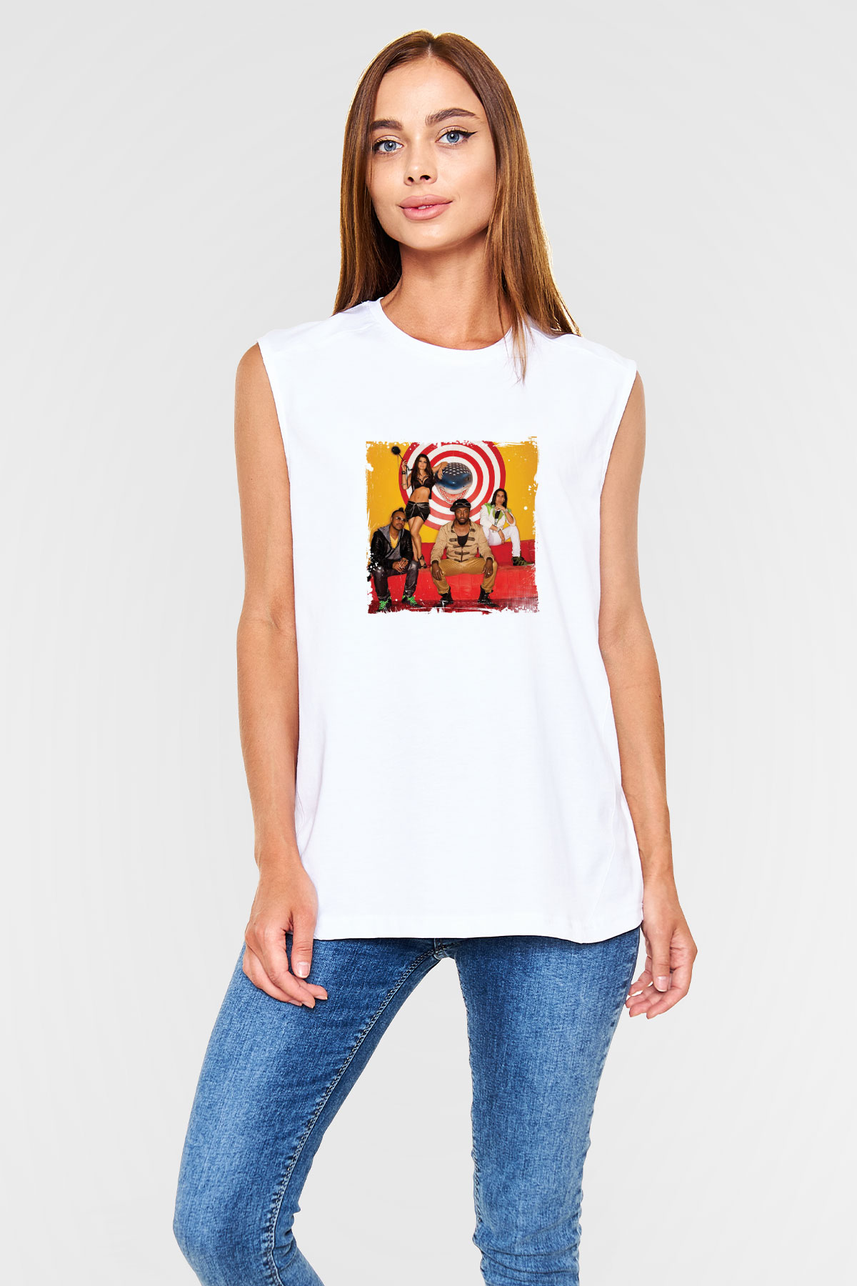 Black Eyed Peas Baskılı Unisex Beyaz Kolsuz Tişört
