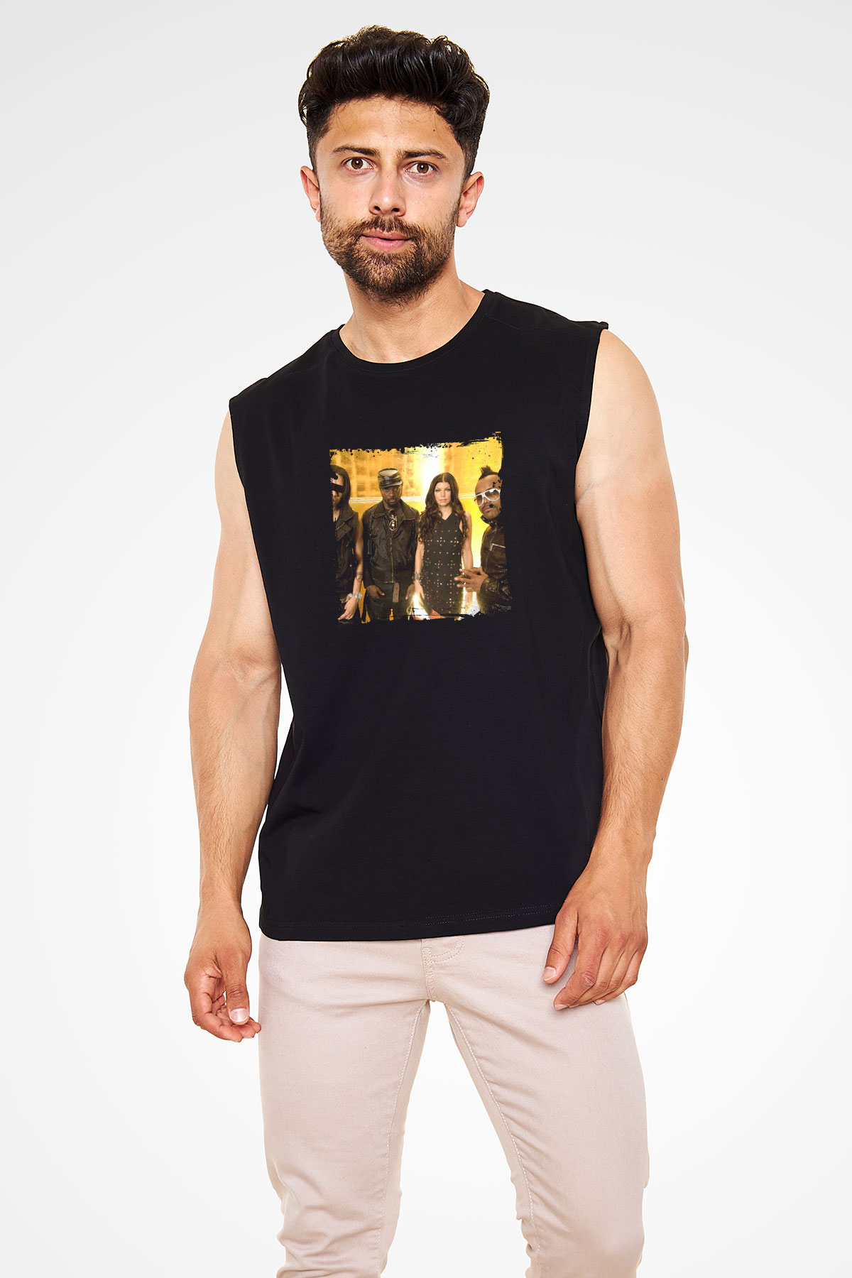 Black Eyed Peas Baskılı Unisex Siyah Kolsuz Tişört