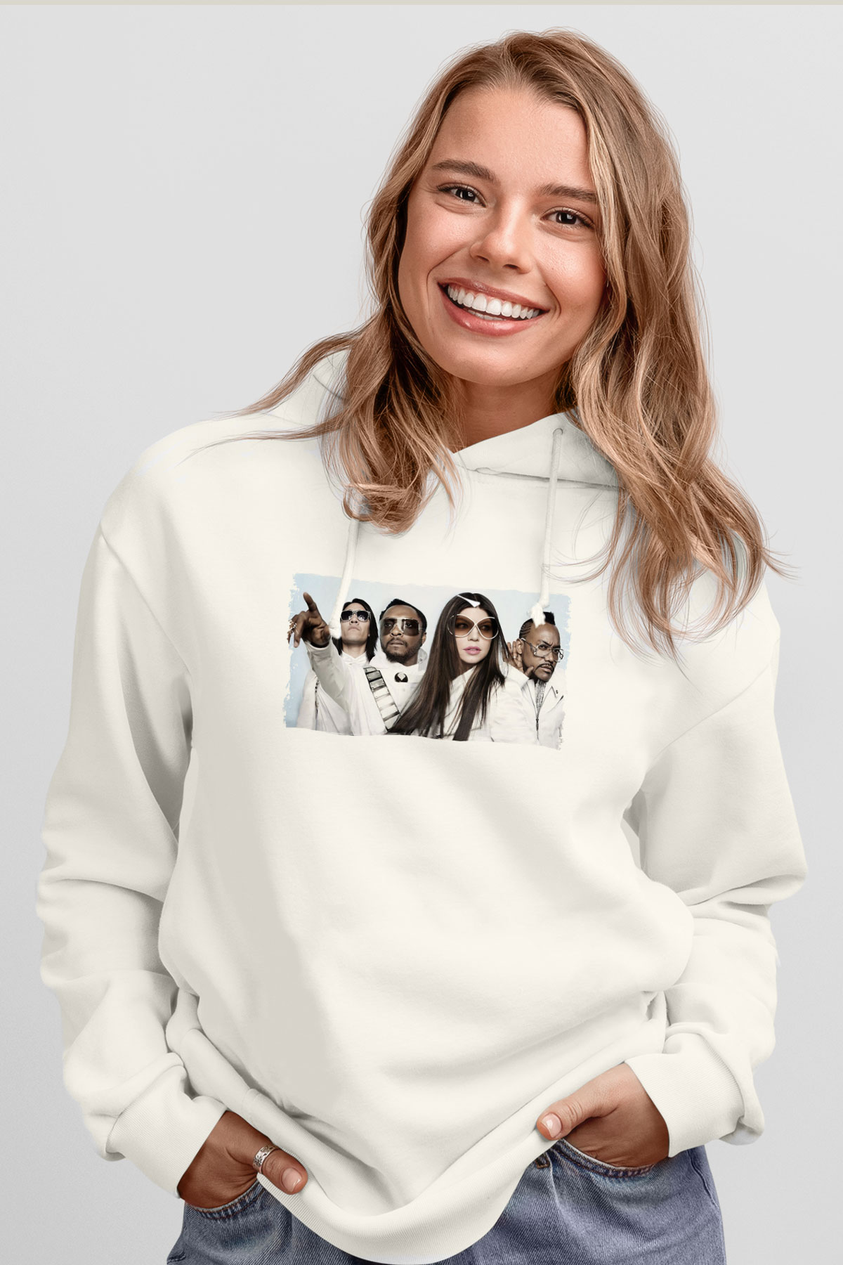 Black Eyed Peas Beyaz Unisex Kapüşonlu Sweatshirt