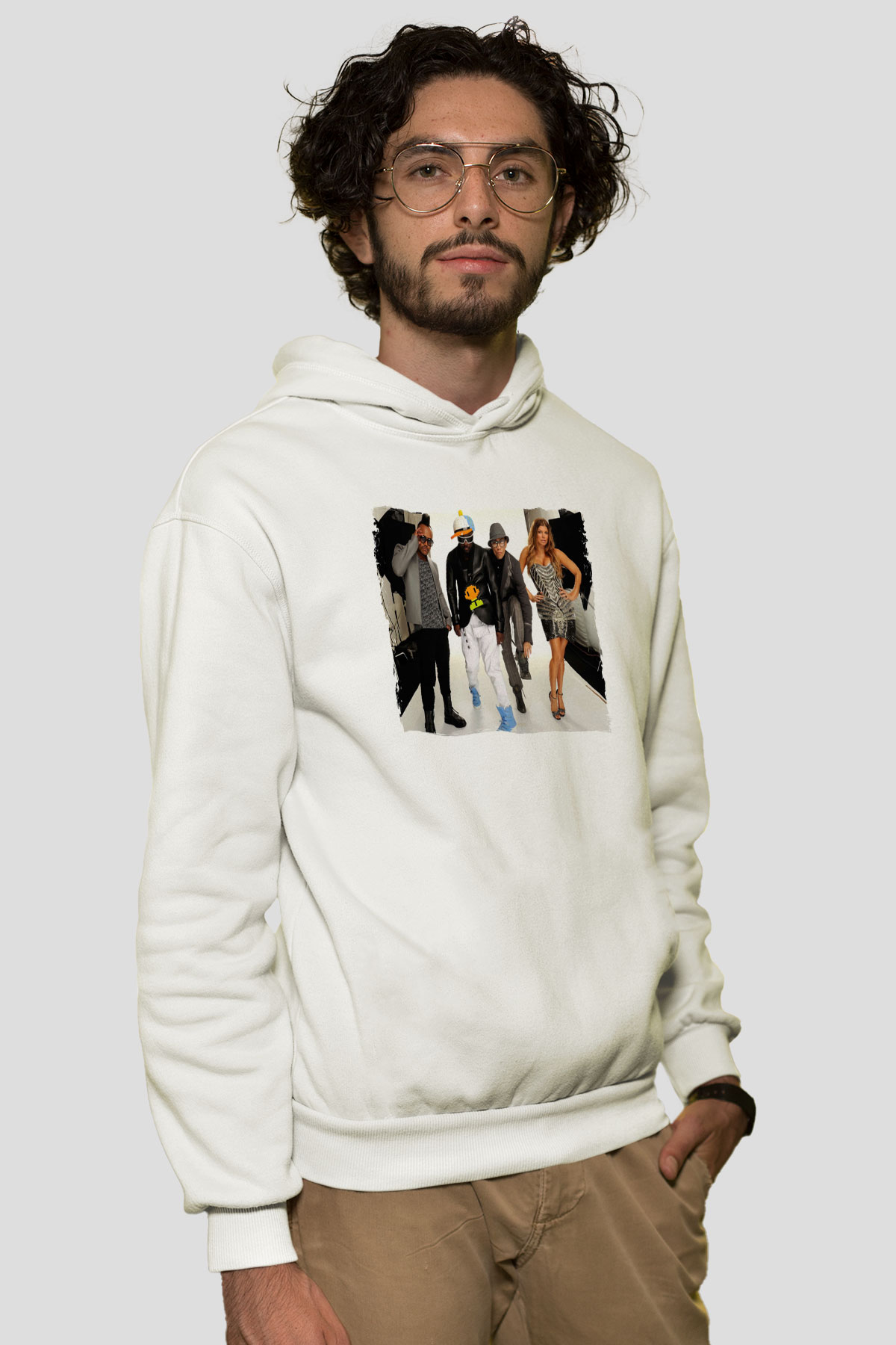 Black Eyed Peas Beyaz Unisex Kapüşonlu Sweatshirt