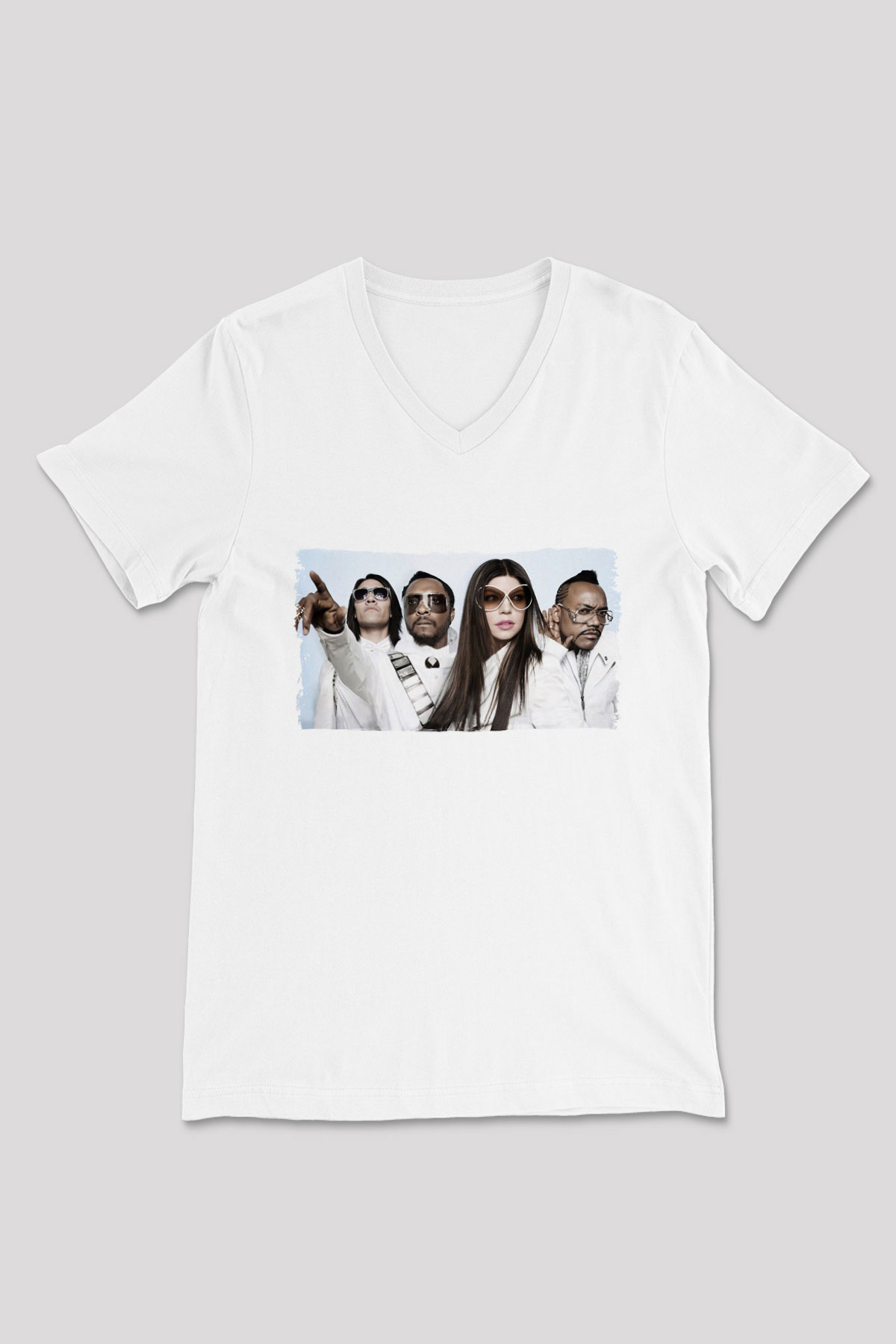 Black Eyed Peas Beyaz Unisex V Yaka Tişört