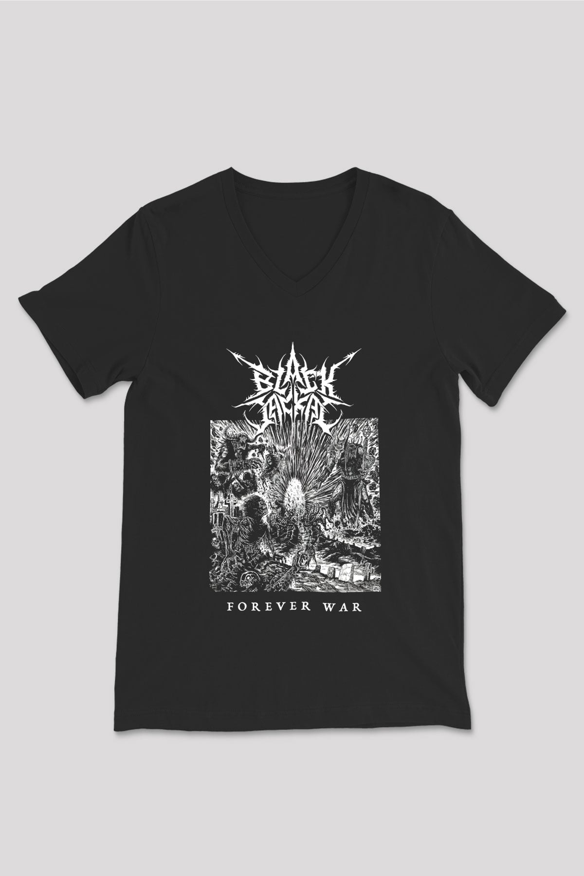 Black Jackal Baskılı Unisex Siyah V Yaka Tişört - Tshirt