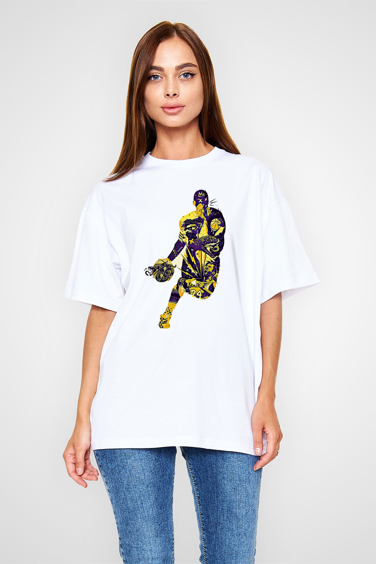 Black Mamba Baskılı Beyaz Unisex Oversize Tişört - Tshirt