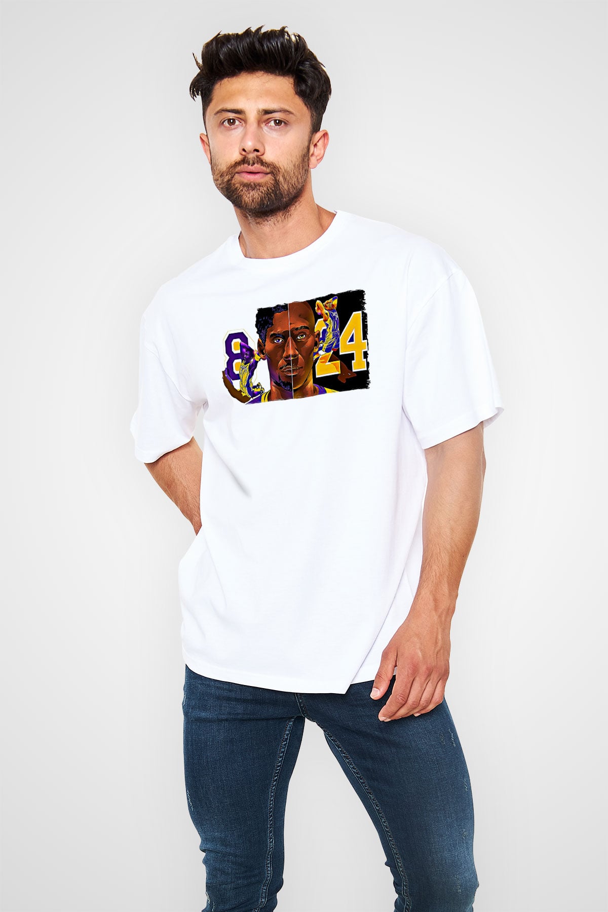 Black Mamba Baskılı Beyaz Unisex Oversize Tişört - Tshirt