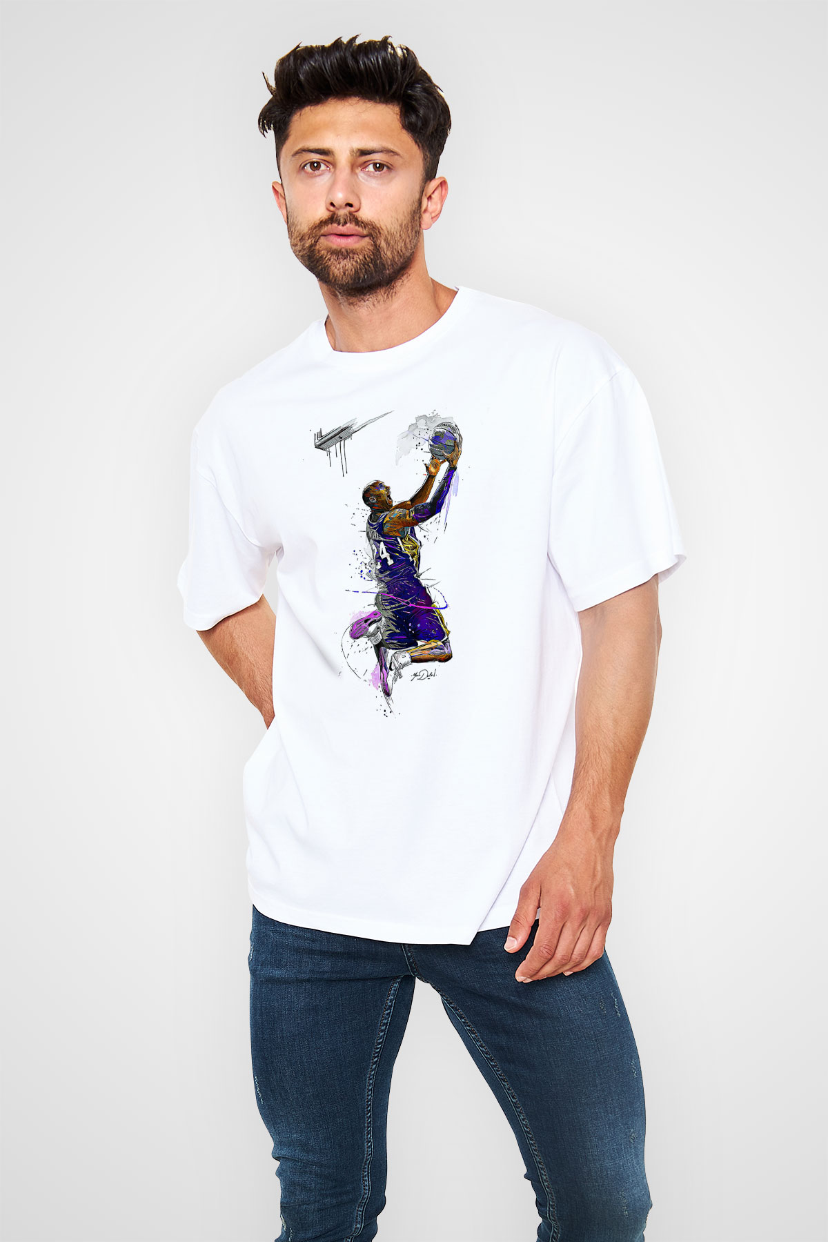 Black Mamba Baskılı Beyaz Unisex Oversize Tişört - Tshirt