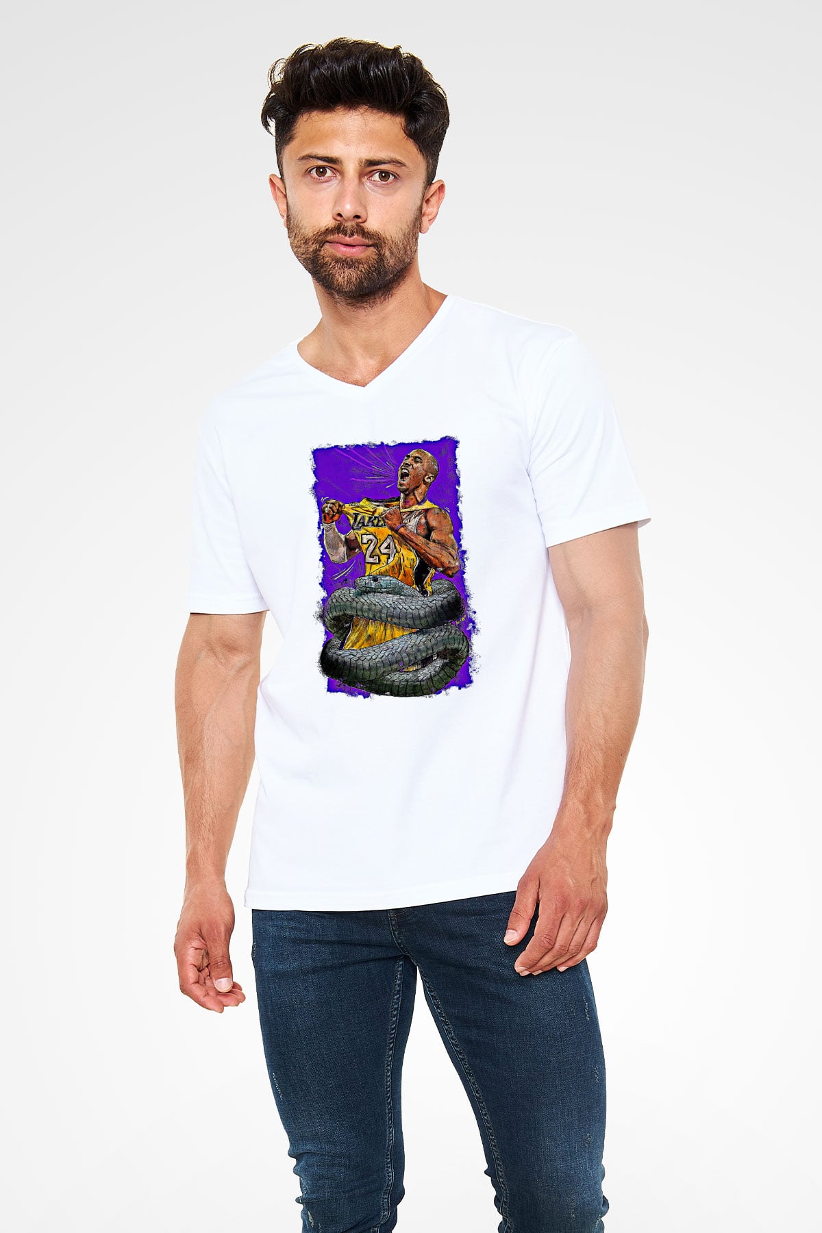 Black Mamba Baskılı Beyaz Unisex V Yaka Tişört - Tshirt