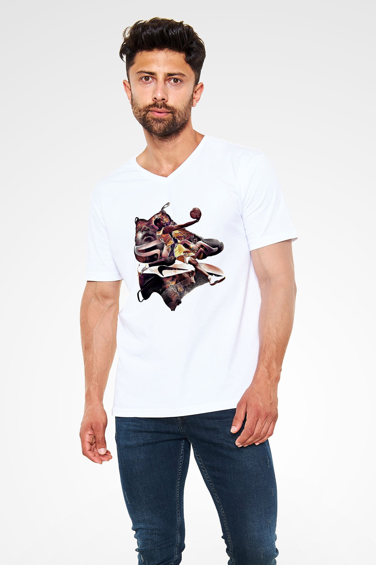 Black Mamba Baskılı Beyaz Unisex V Yaka Tişört - Tshirt