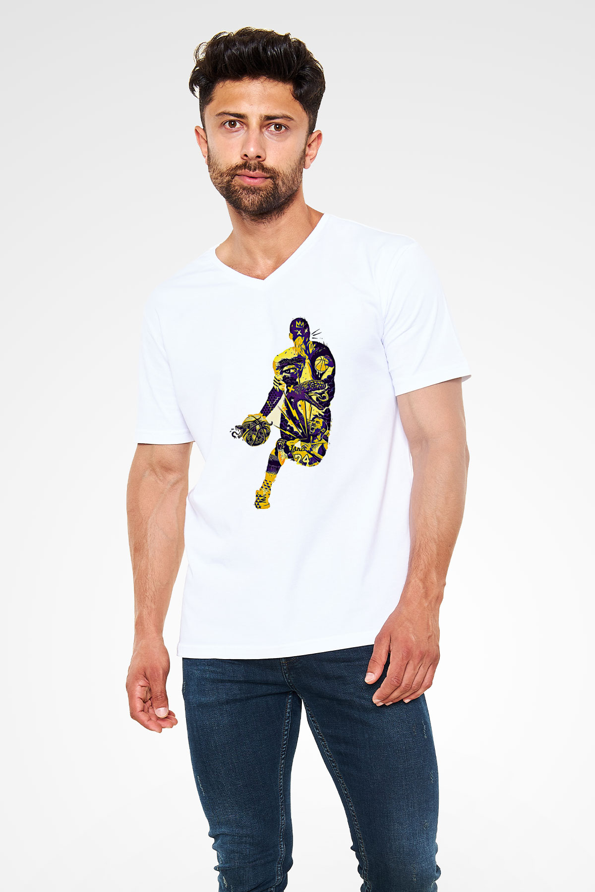 Black Mamba Baskılı Beyaz Unisex V Yaka Tişört - Tshirt