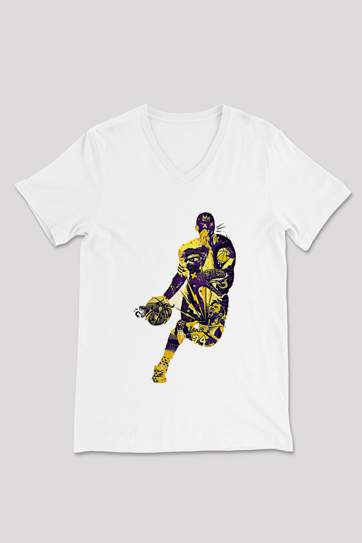 Black Mamba Baskılı Beyaz Unisex V Yaka Tişört - Tshirt