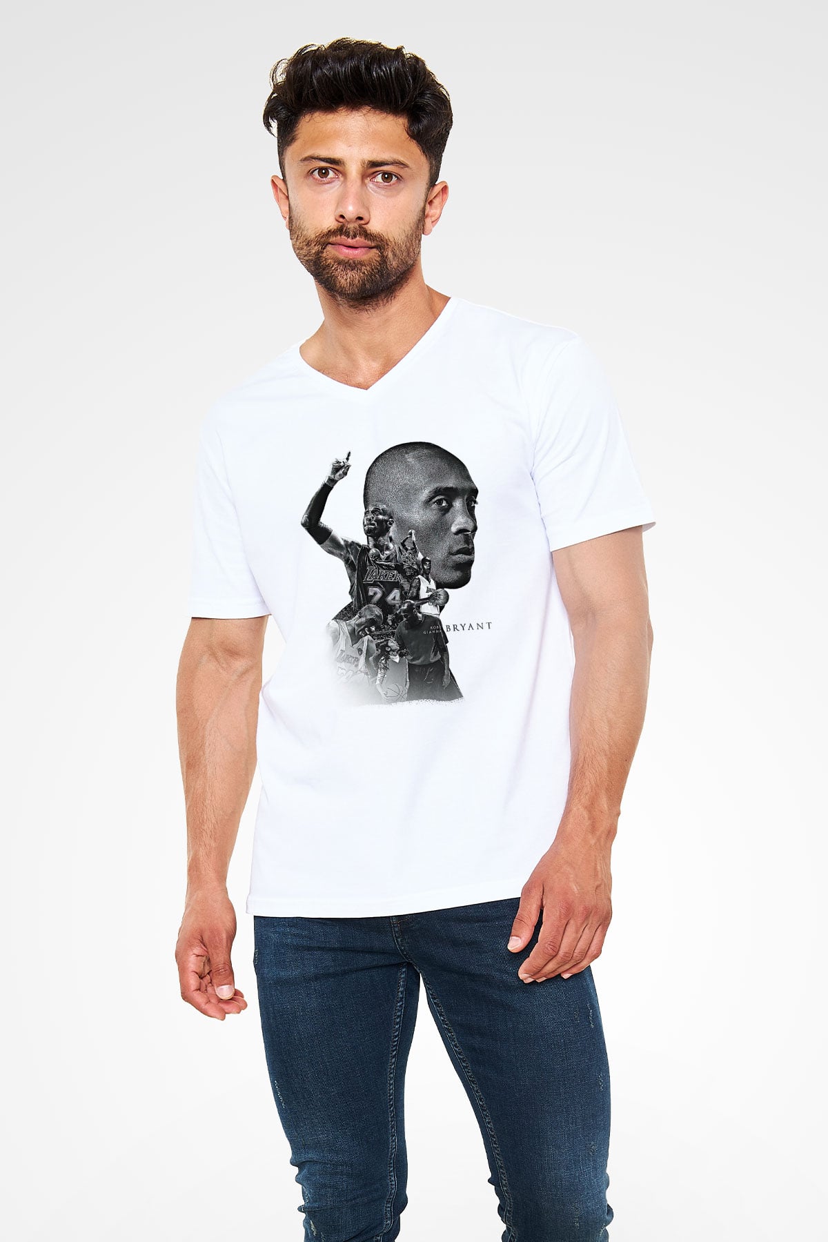 Black Mamba Baskılı Beyaz Unisex V Yaka Tişört - Tshirt