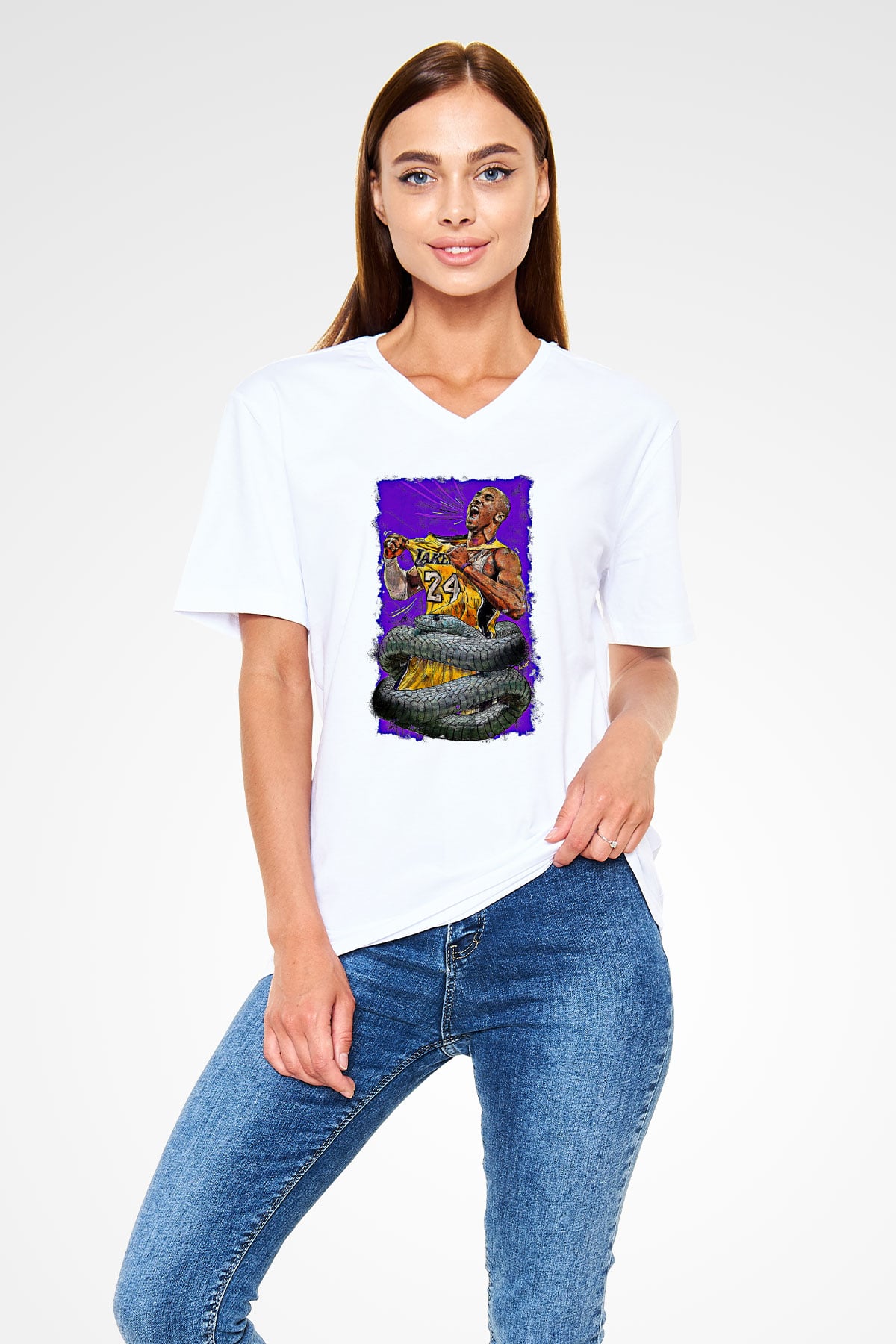 Black Mamba Baskılı Beyaz Unisex V Yaka Tişört - Tshirt