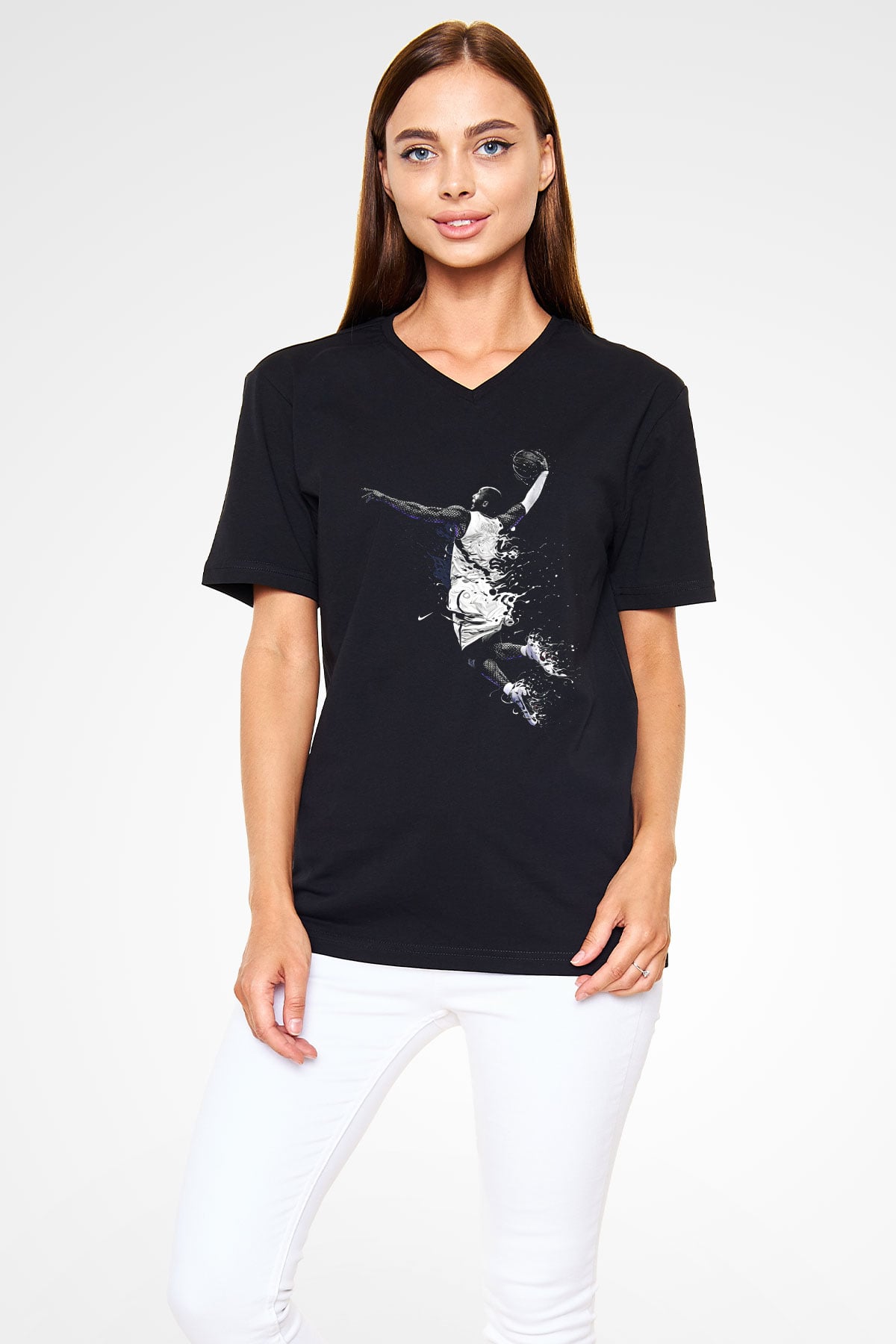 Black Mamba Baskılı Unisex Siyah V Yaka Tişört - Tshirt