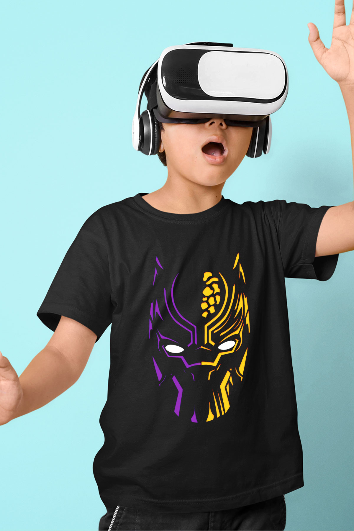Black Panther Baskılı Siyah Unisex Çocuk Tişört