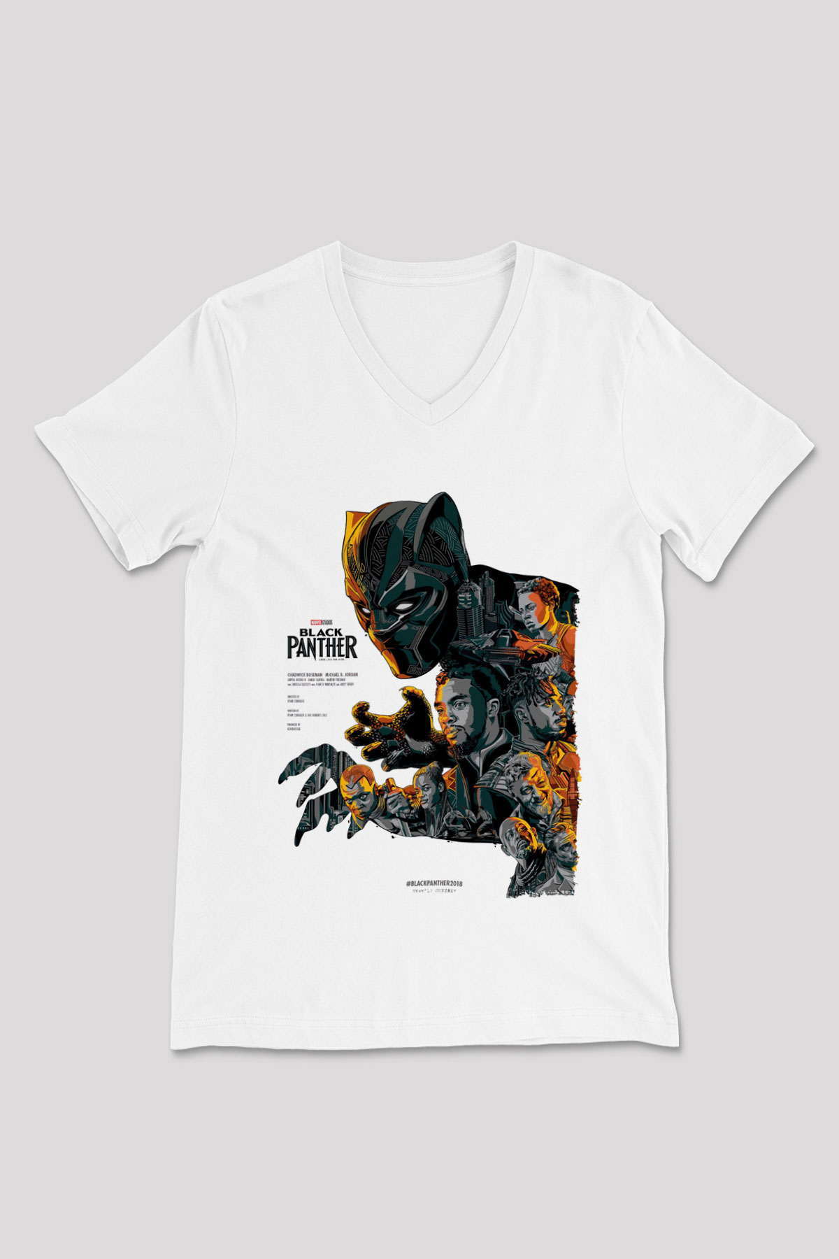 Black Panther Beyaz Unisex V Yaka Tişört
