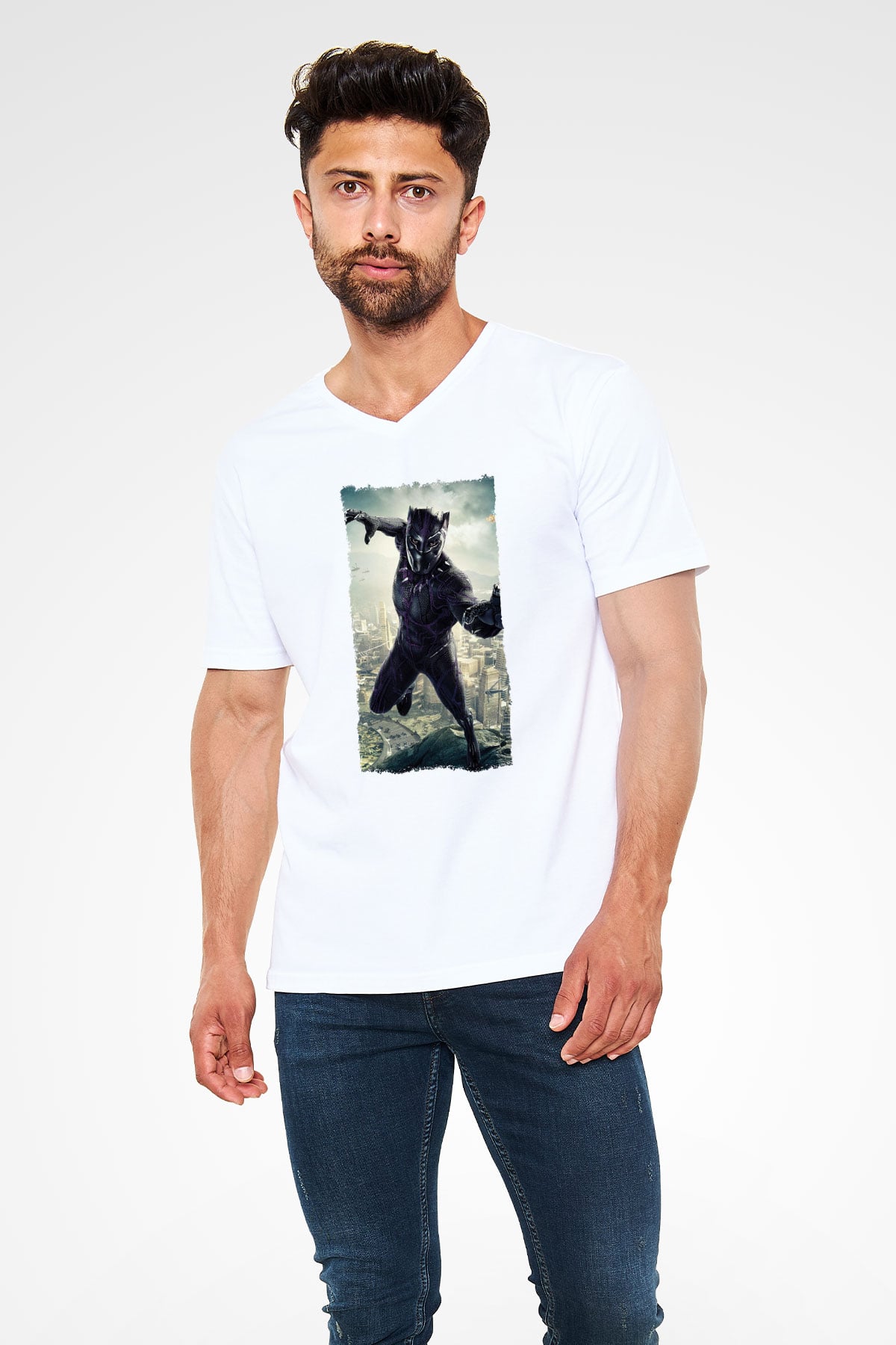 Black Panther Beyaz Unisex V Yaka Tişört