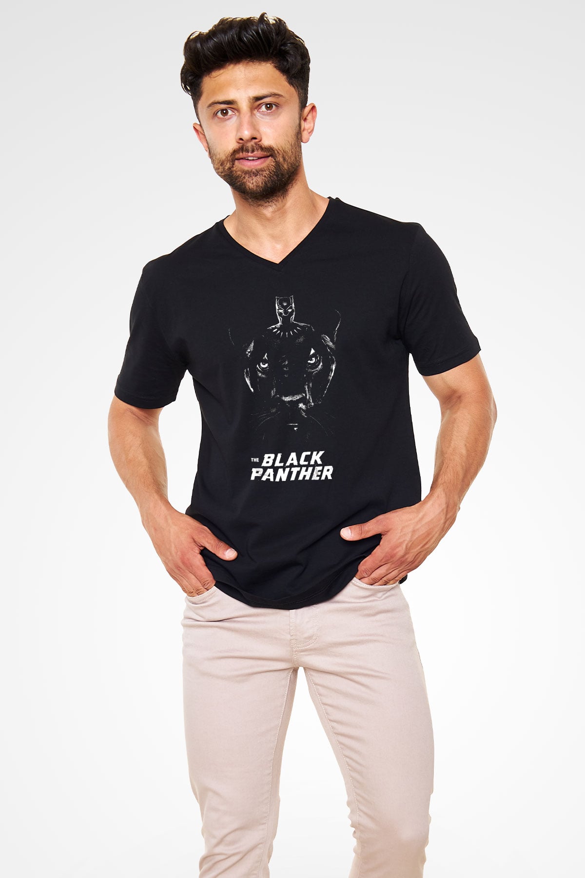 Black Panther Siyah Unisex V Yaka Tişört