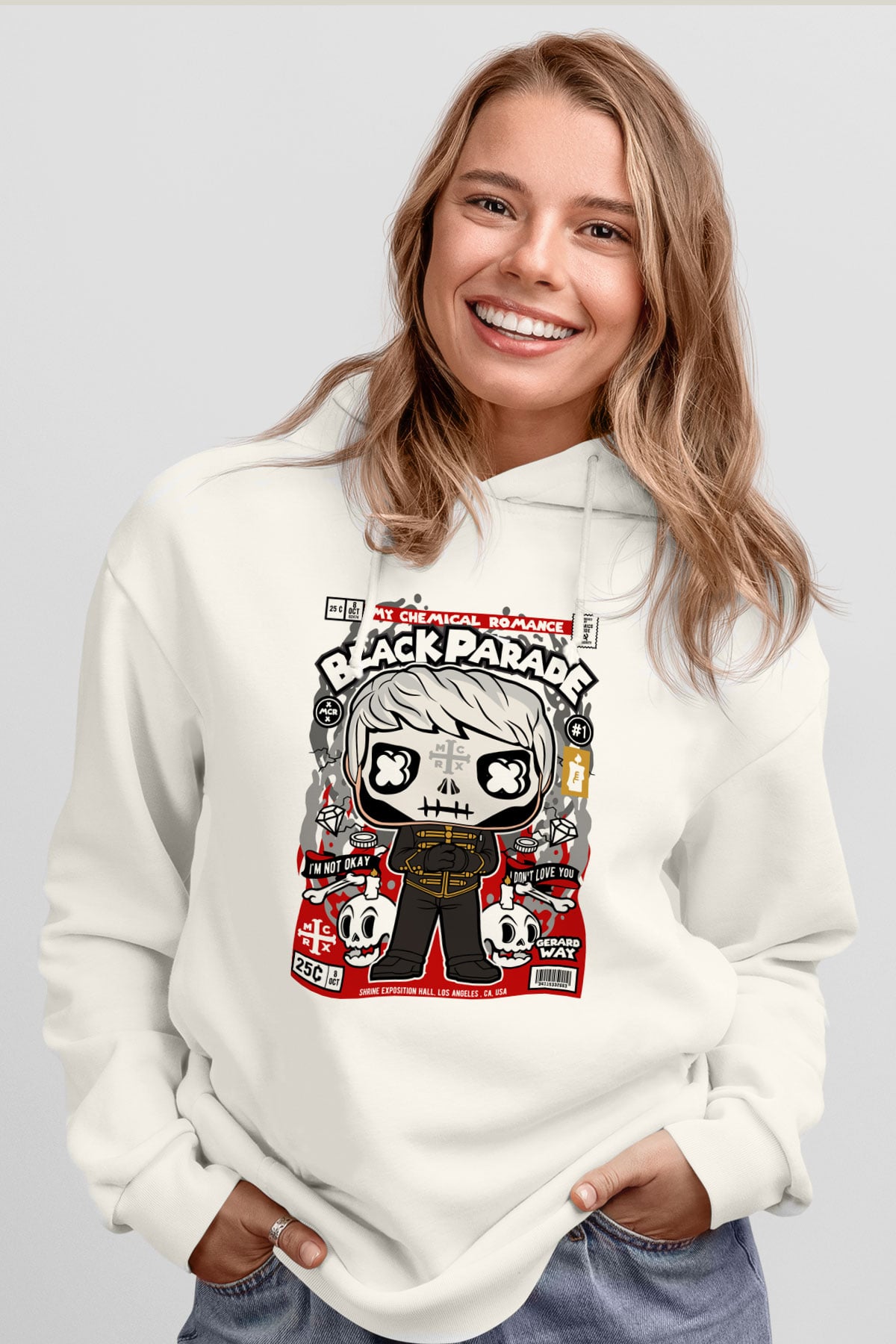 Black Parade Baskılı Unisex Beyaz Hoodie
