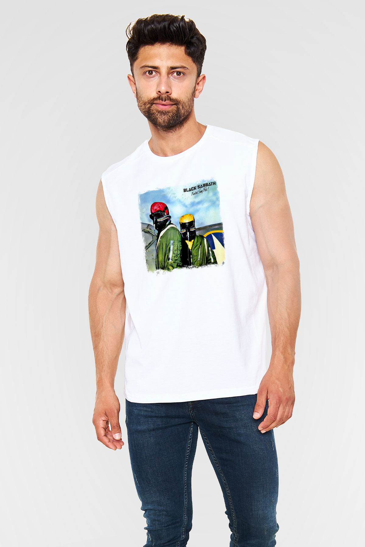 Black Sabbath Baskılı Unisex Beyaz Kolsuz Tişört