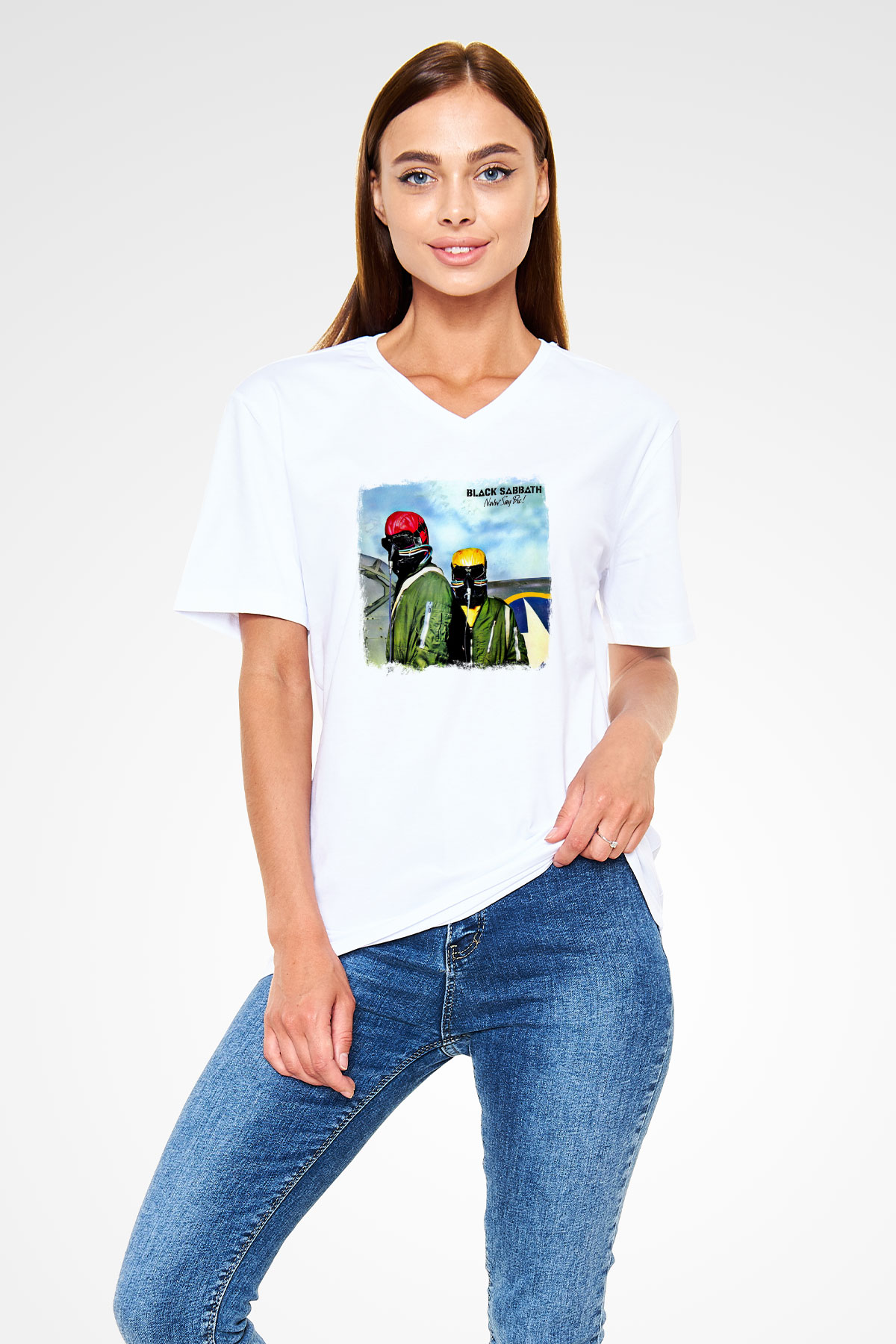 Black Sabbath Baskılı Unisex Beyaz V Yaka Tişört