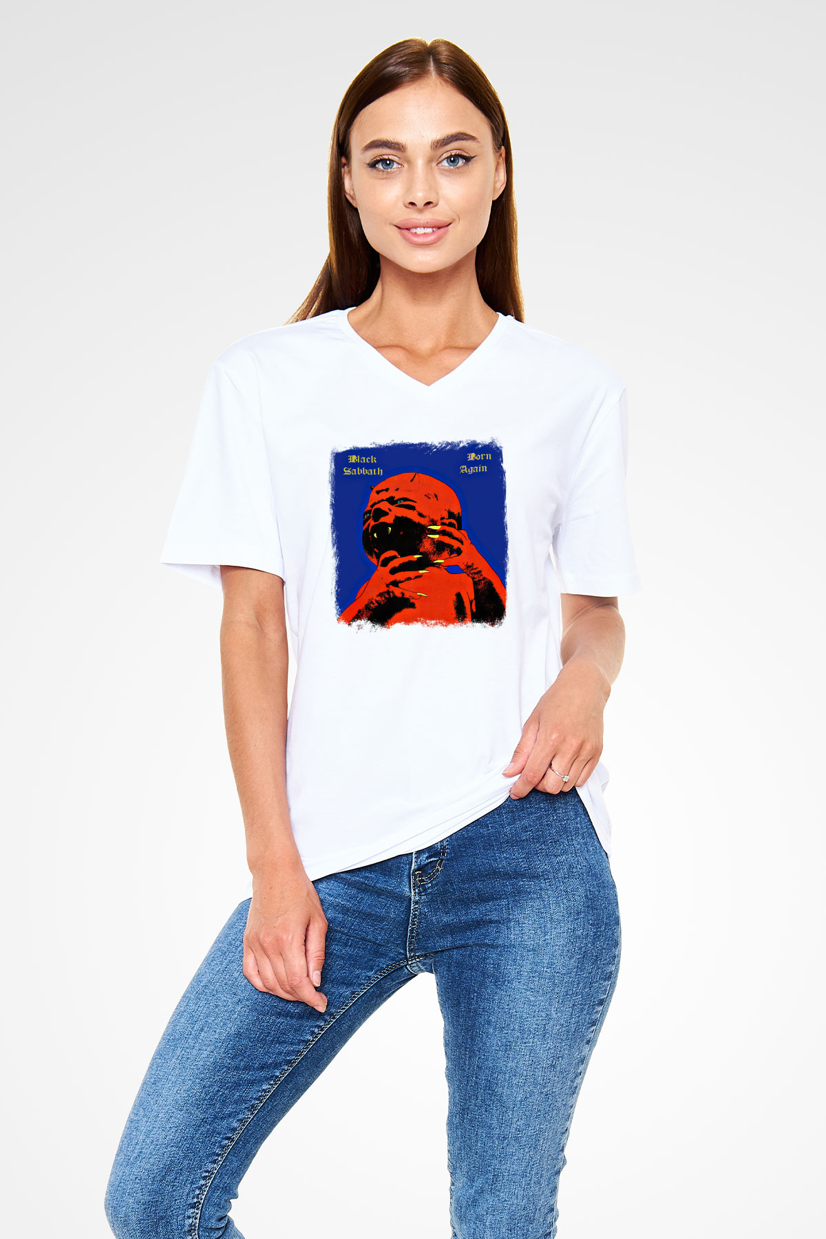 Black Sabbath Baskılı Unisex Beyaz V Yaka Tişört