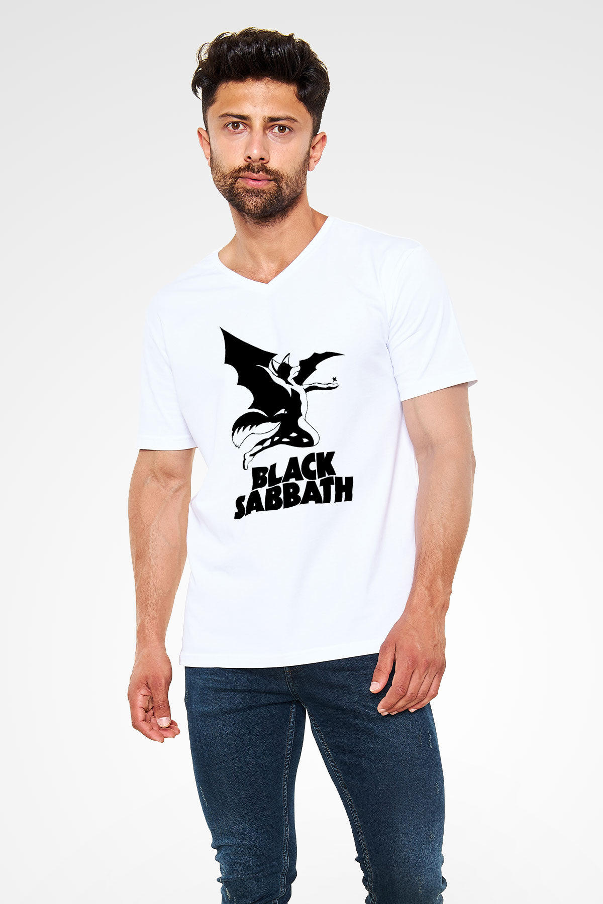 Black Sabbath Beyaz Unisex V Yaka Tişört