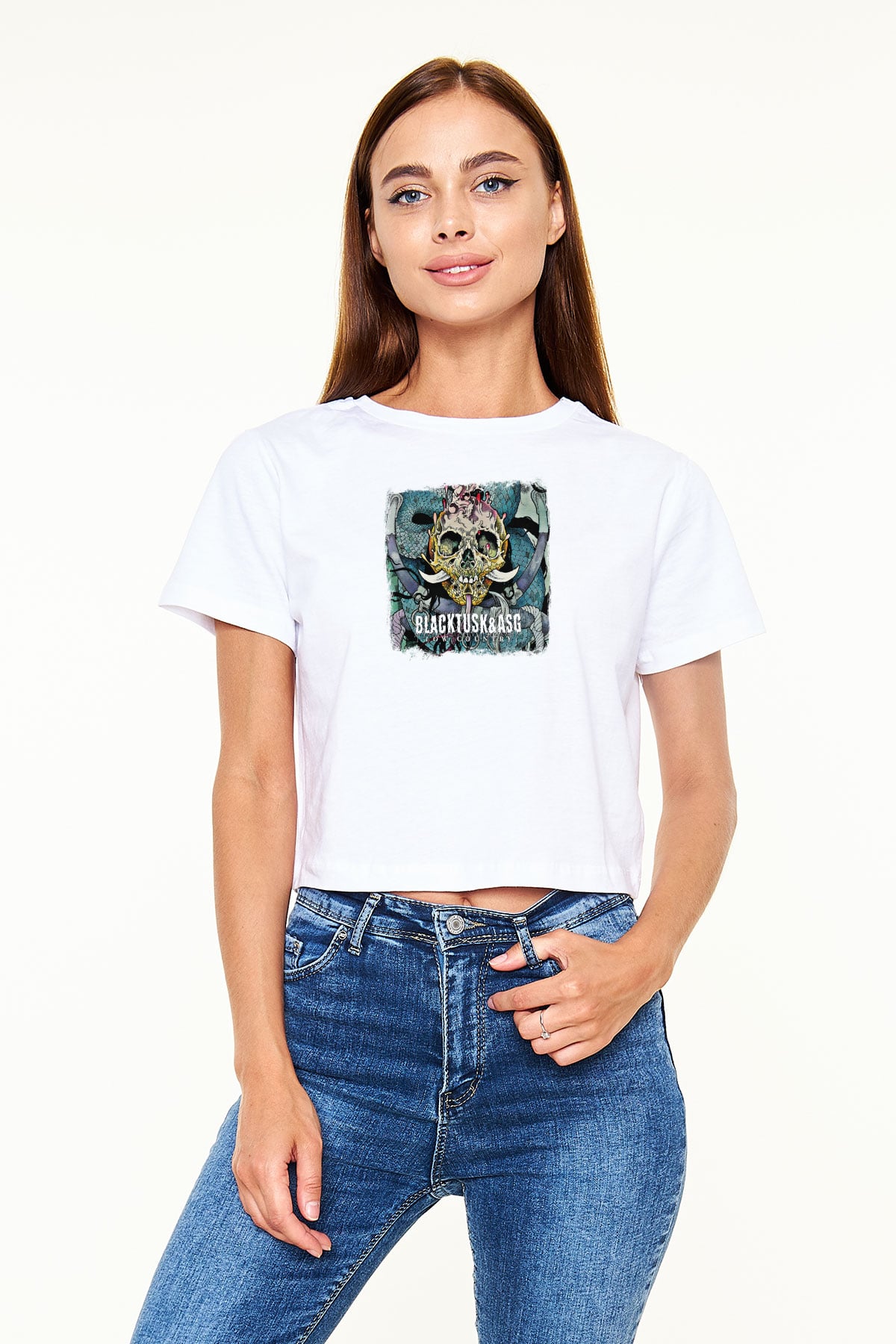 Black Tusk Baskılı Unisex Beyaz Crop Top Tişört