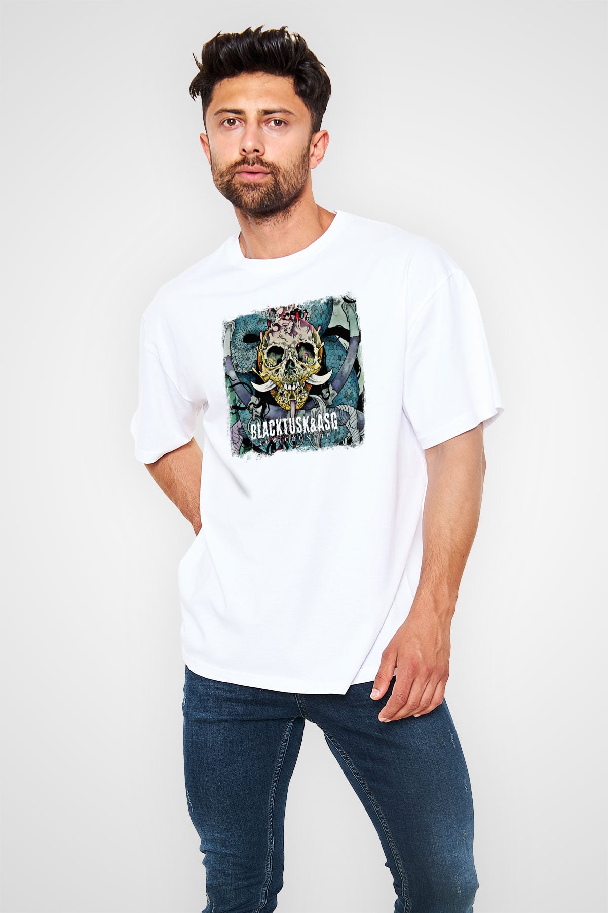 Black Tusk Baskılı Unisex Beyaz Oversize Tişört