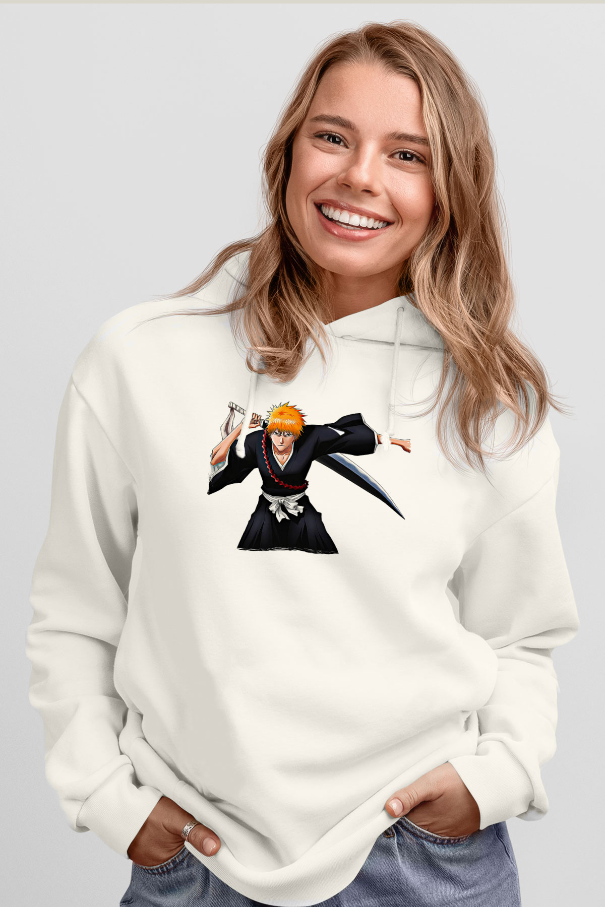 Bleach Baskılı Beyaz Unisex Hoodie