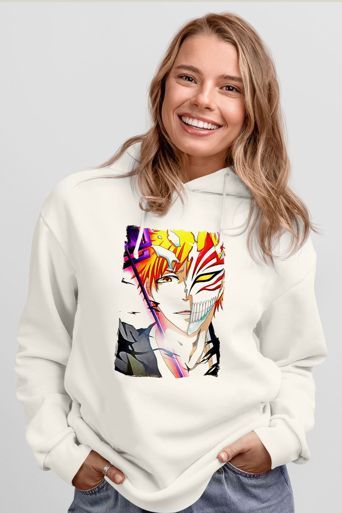 Bleach Baskılı Beyaz Unisex Hoodie