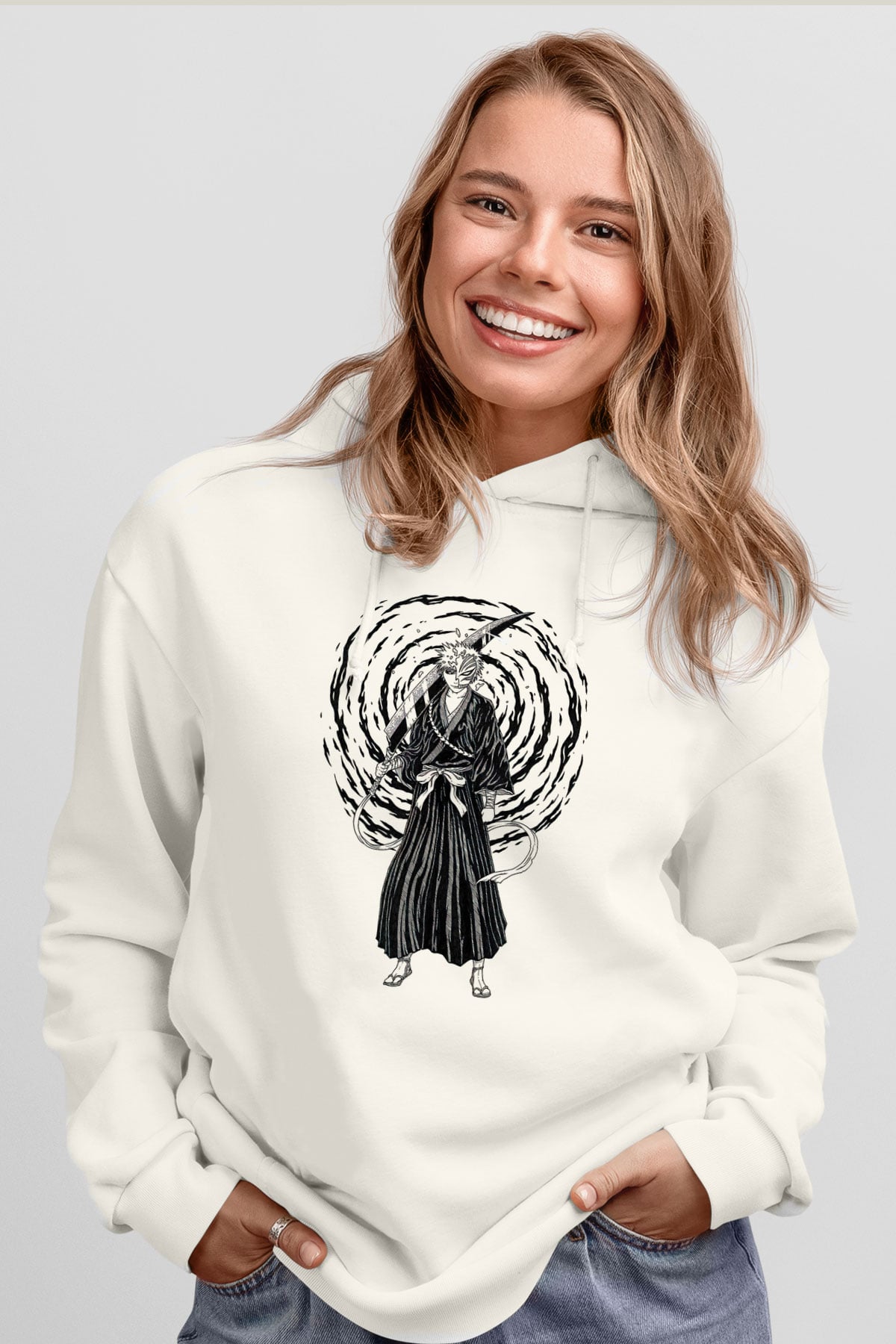 Bleach Baskılı Beyaz Unisex Hoodie