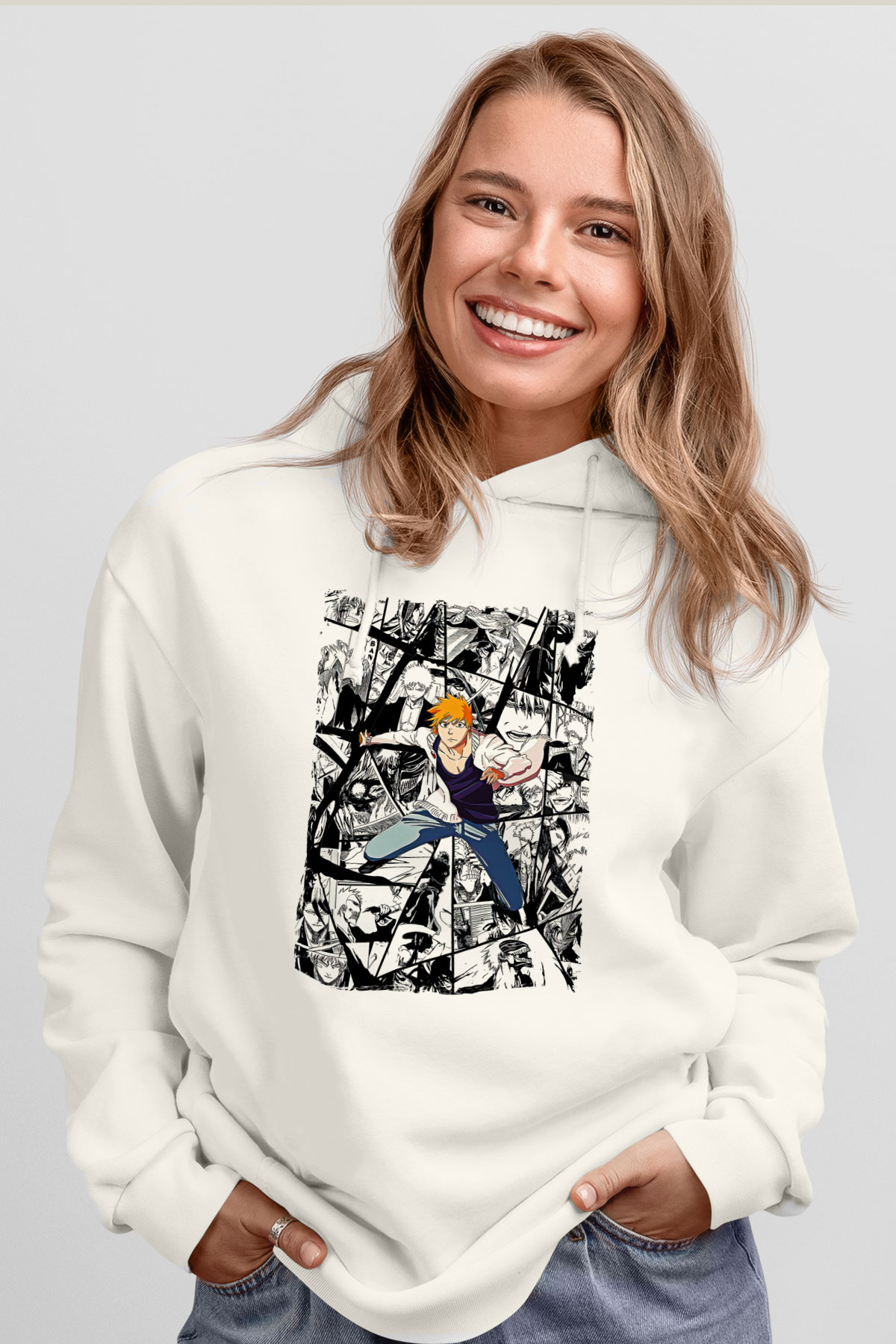 Bleach Baskılı Beyaz Unisex Hoodie