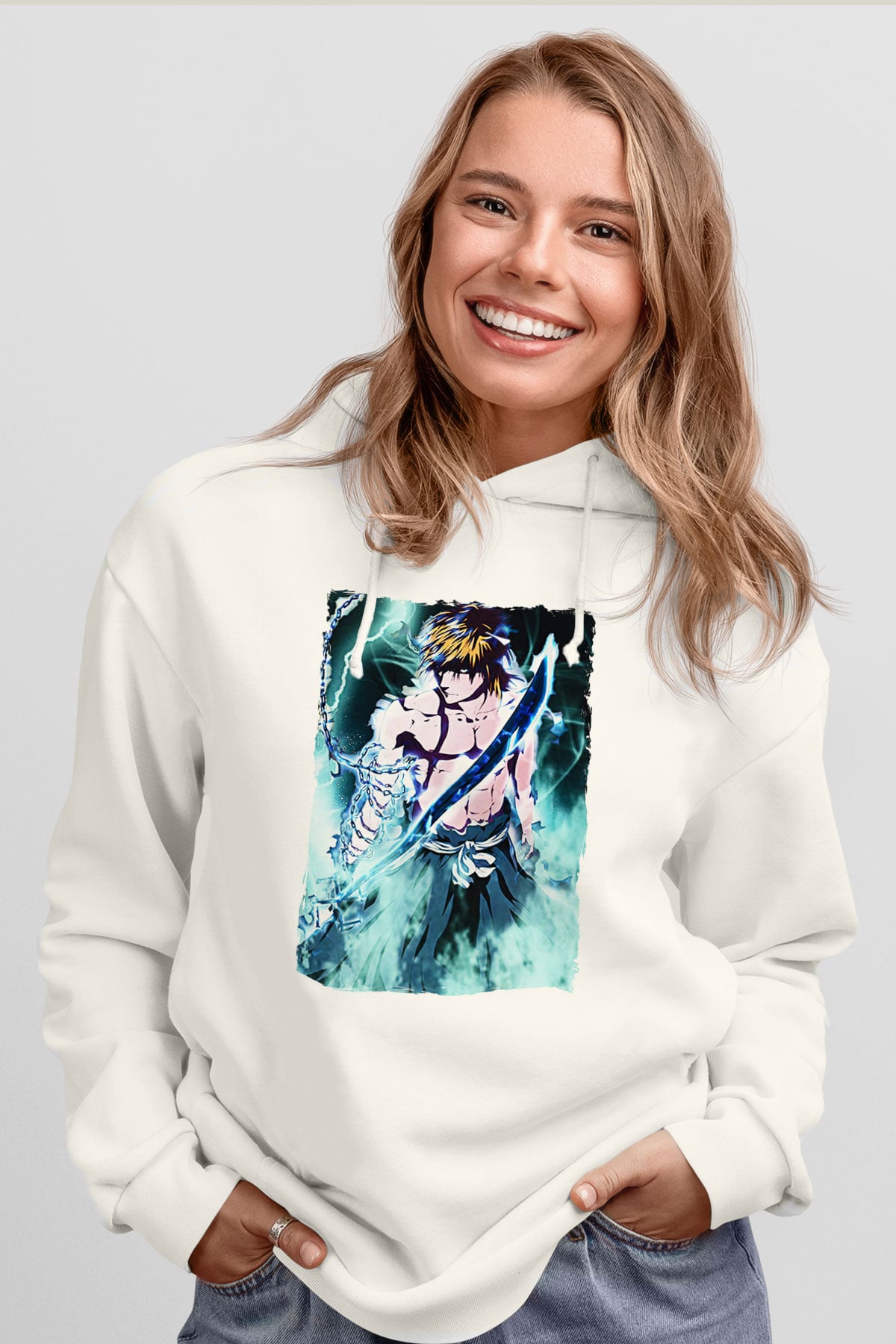 Bleach Baskılı Beyaz Unisex Hoodie