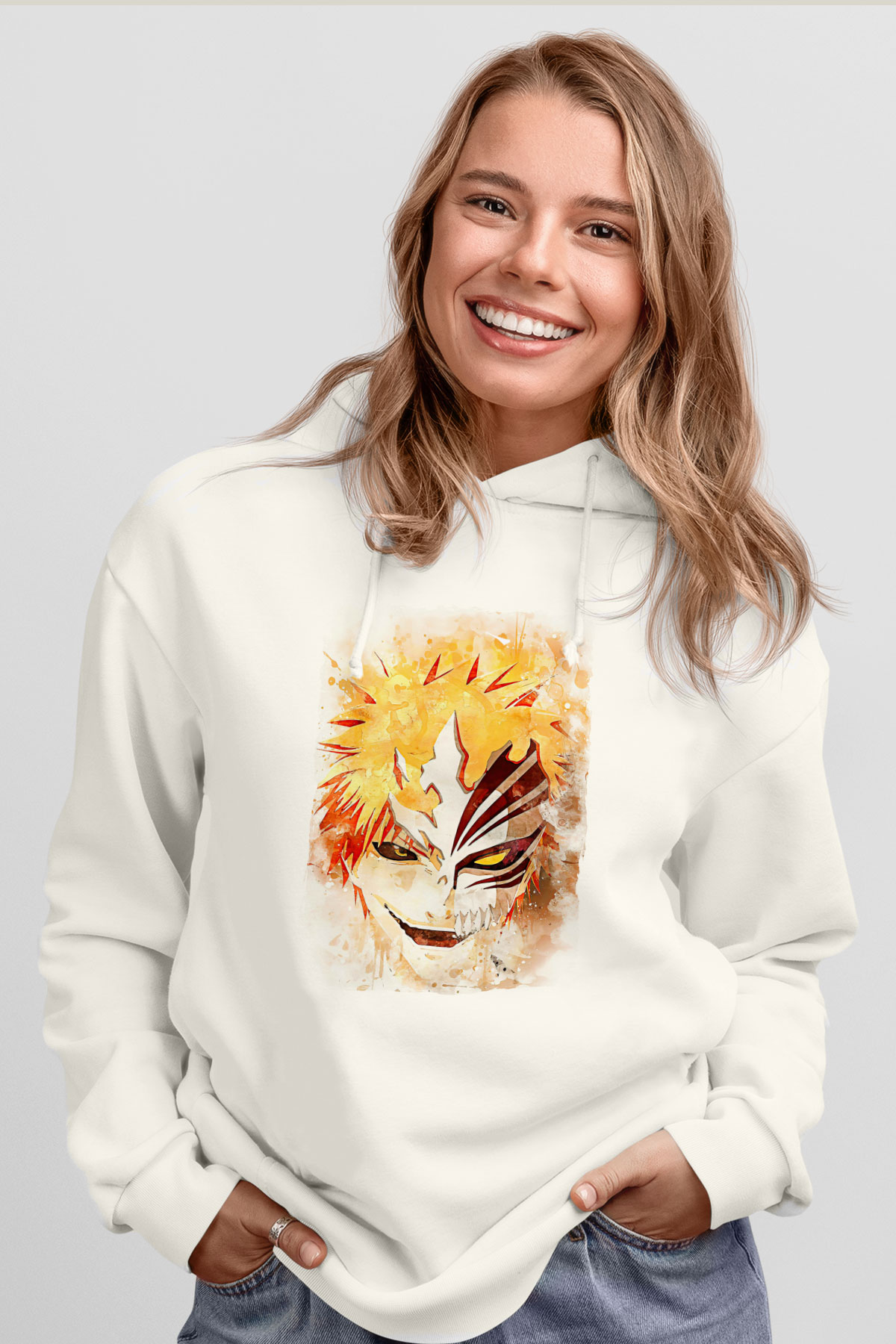 Bleach Baskılı Beyaz Unisex Hoodie