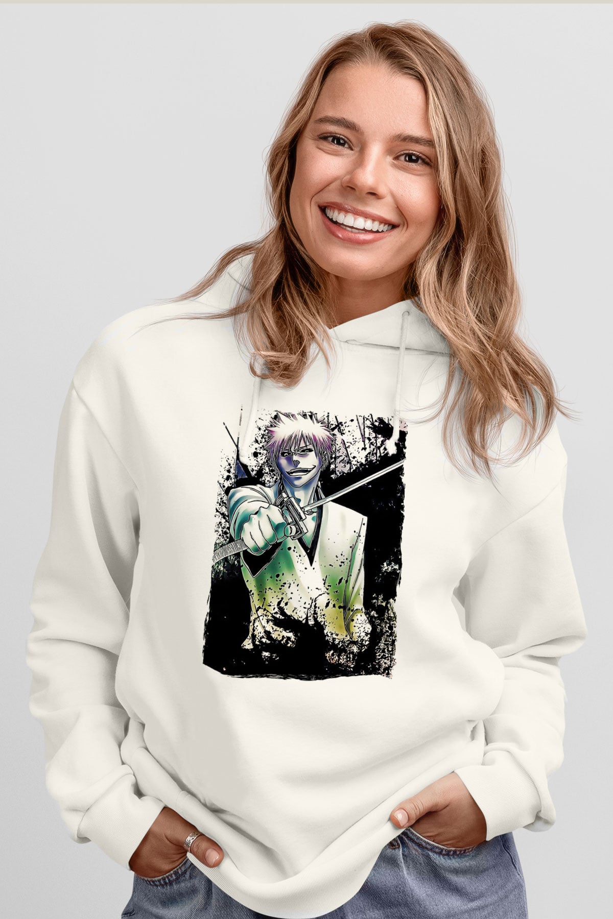 Bleach Baskılı Beyaz Unisex Hoodie