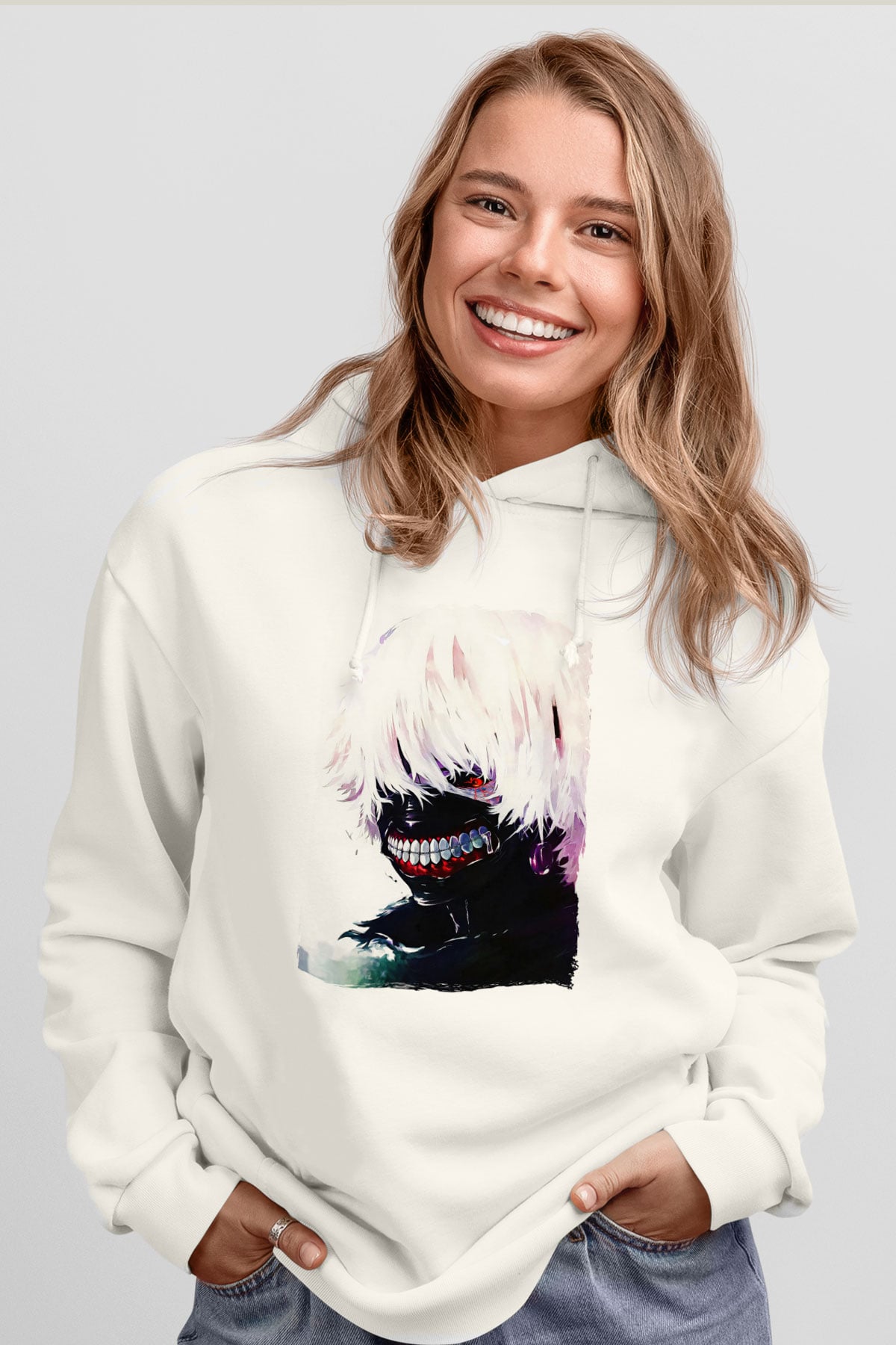 Bleach Baskılı Beyaz Unisex Hoodie