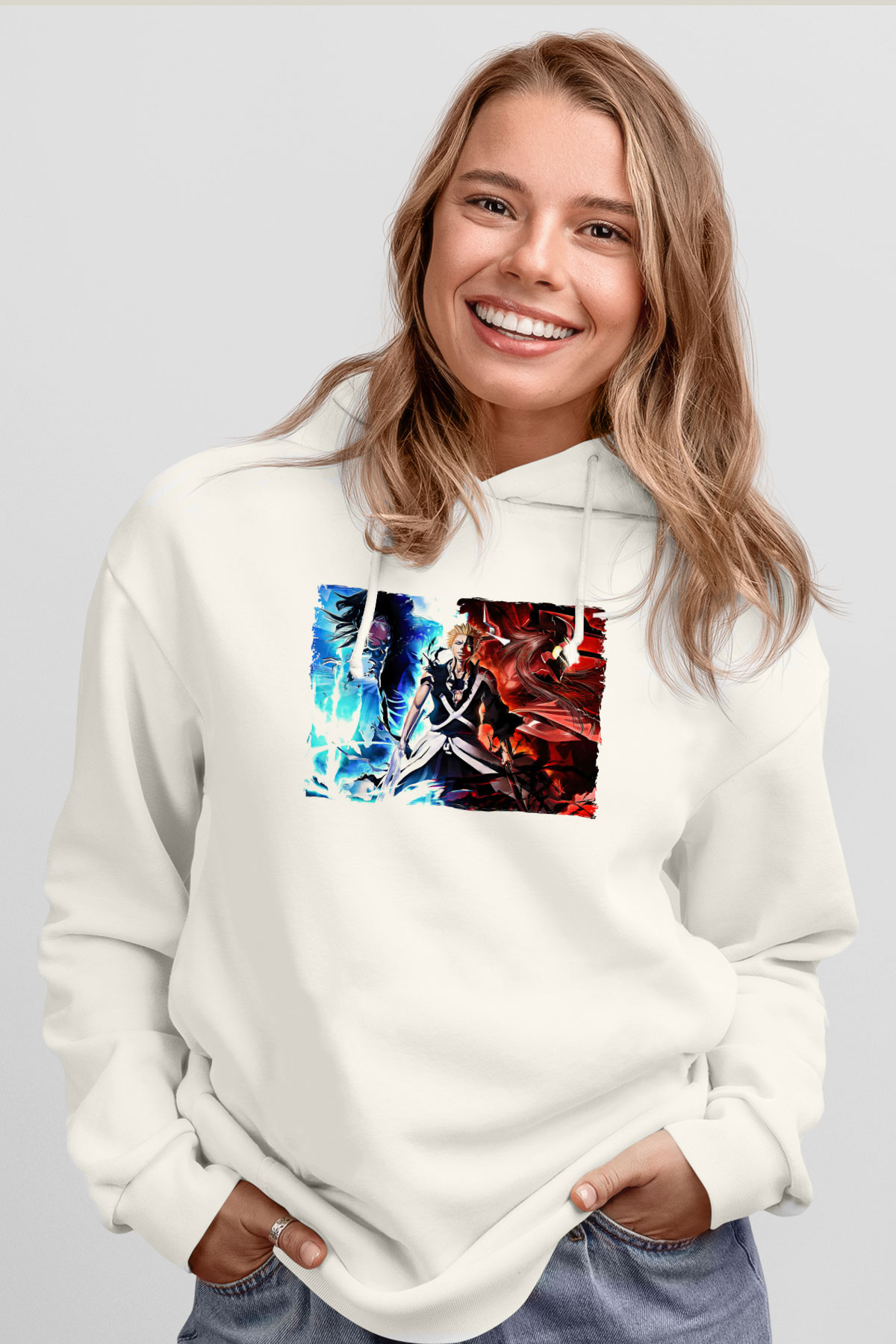 Bleach Baskılı Beyaz Unisex Hoodie